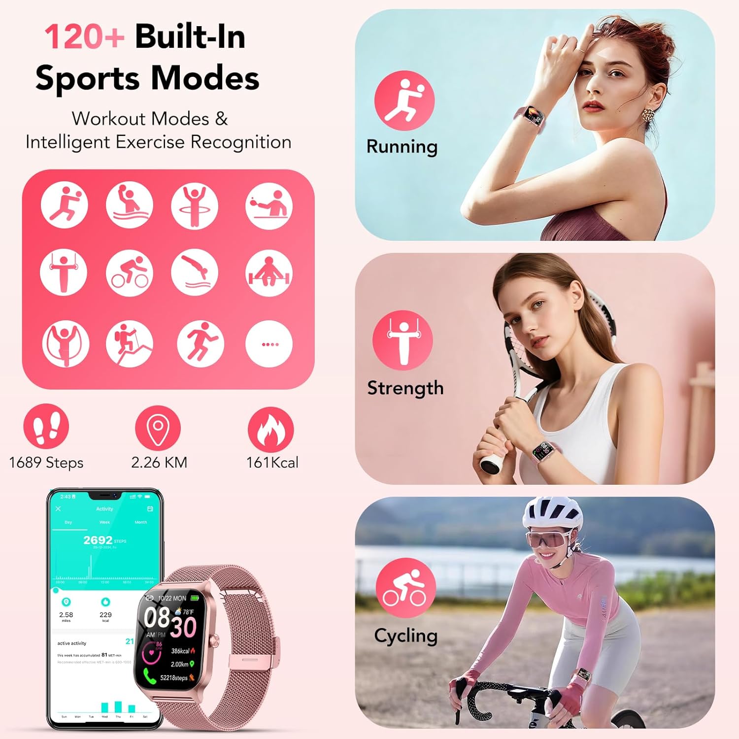Thumbnail 3 de CASCHO Montre Connectée Femme Rose avec Appel Bluetooth et Santé 24/7