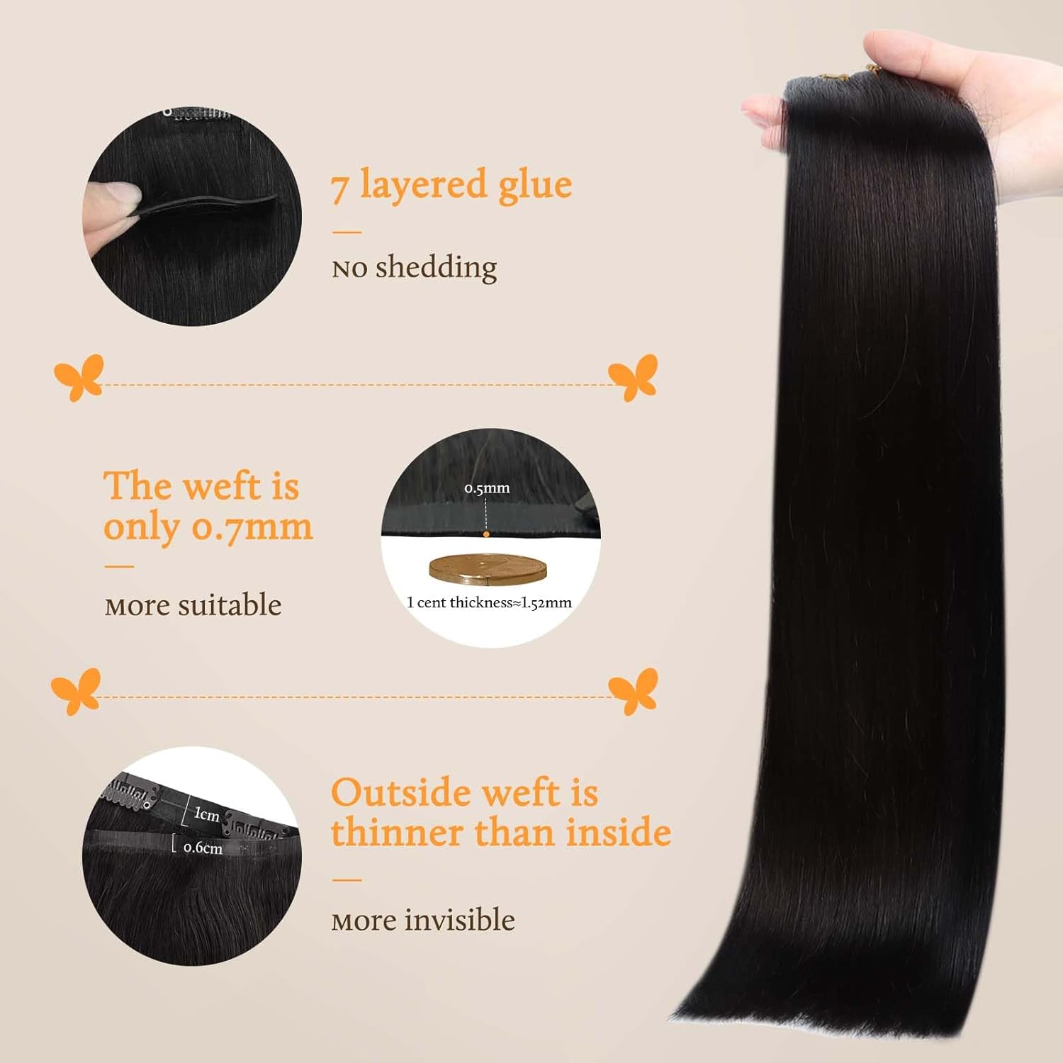 Thumbnail 3 de DOORES Clip in Hair Extensions - Natural Black, 130g, 7pcs, 18 Inch | Remy Seamless Clip-ins with Invisi Edge