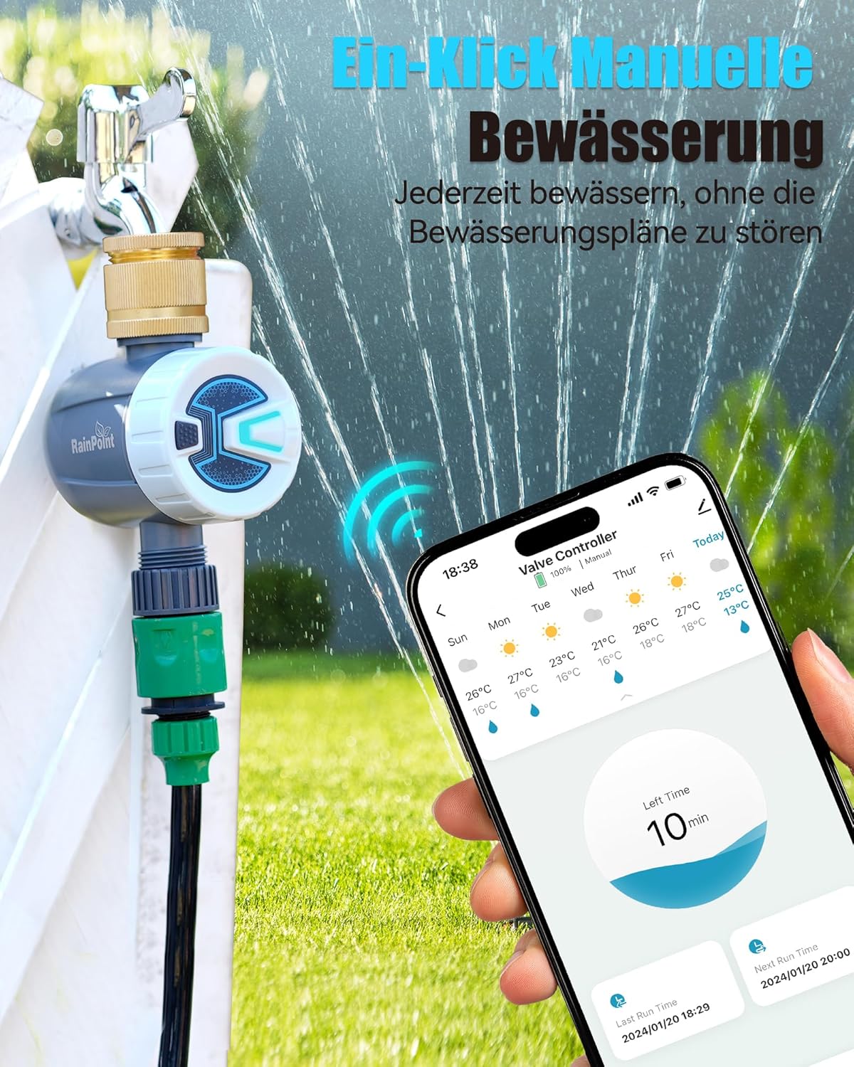 Thumbnail 6 de RAINPOINT Bewässerungscomputer WLAN mit Messing-Einlass, Zyklus-Soak-Modus und App-Steuerung (2,4 GHz WiFi & Bluetooth)