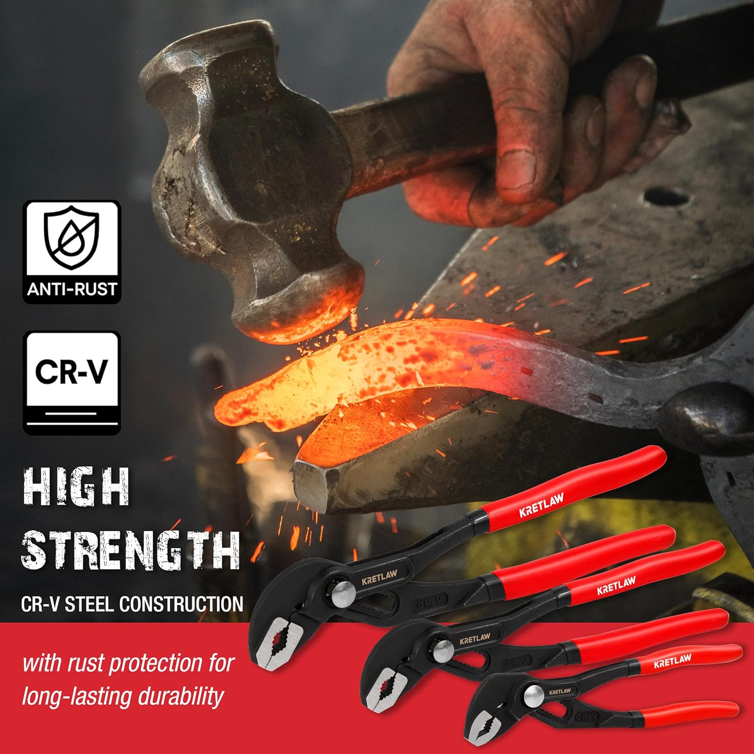 Thumbnail 1 de KRETLAW 3-Piece Groove Joint Pliers Set (180mm, 250mm & 300mm) with quick-adjust push-lock