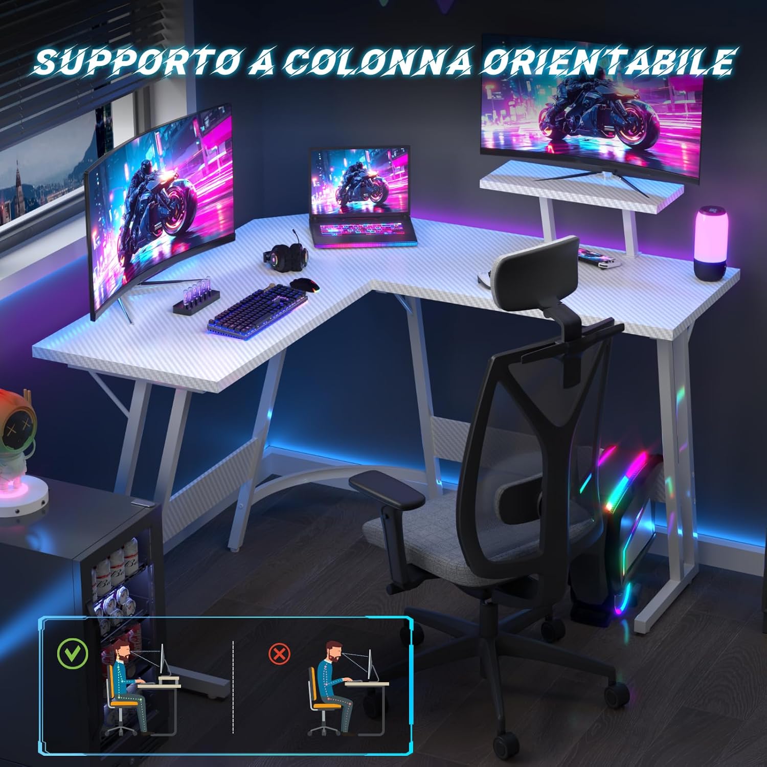 Detalle 2 de JUMMICO Scrivania Angolare 120x120 cm: scrivania gaming a L con supporto monitor reversibile