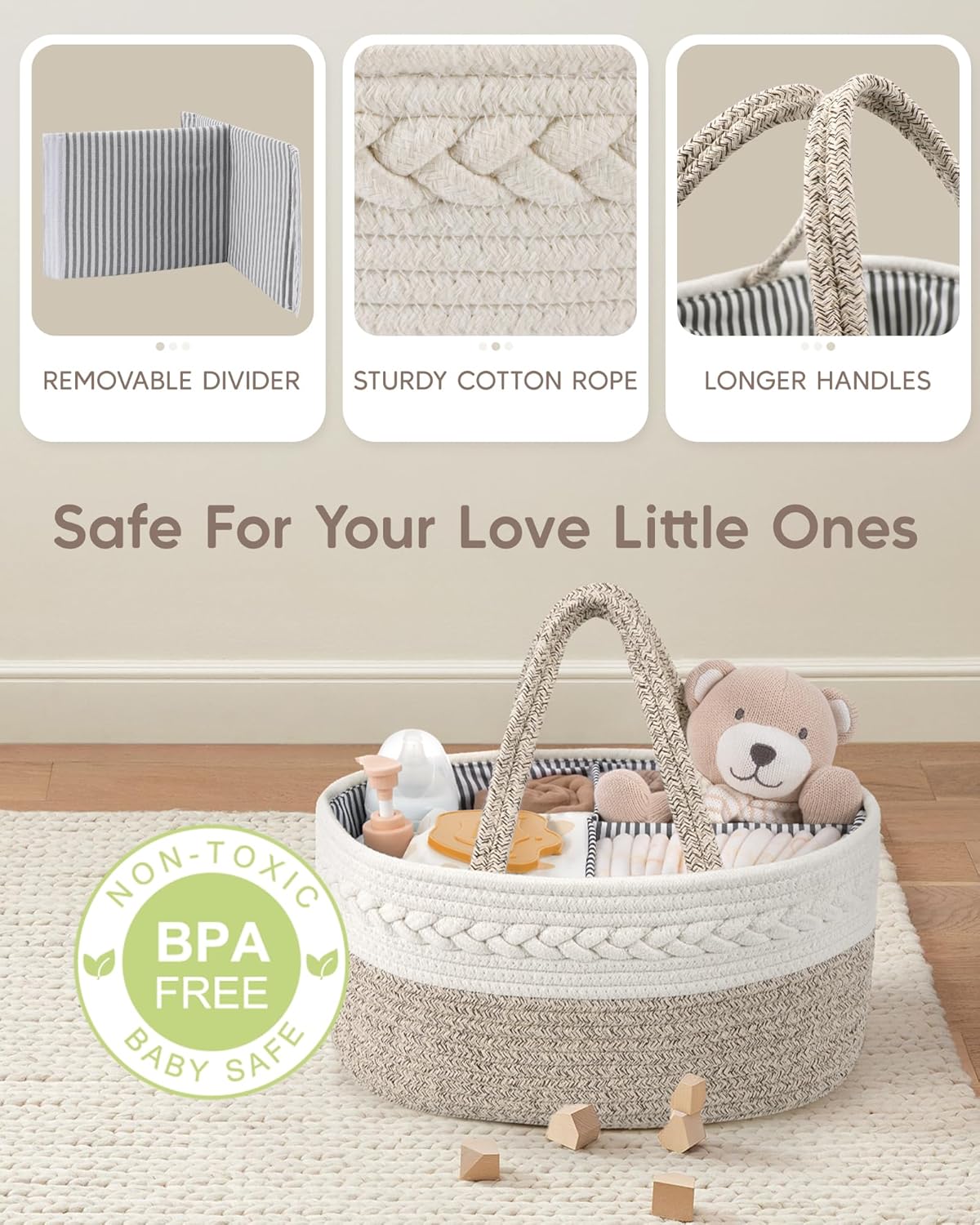 Detalle de Maliton Wickeltisch Organizer – Baby-Aufbewahrungskorb mit Fächern und Griffen (36 x 22 x 18 cm)