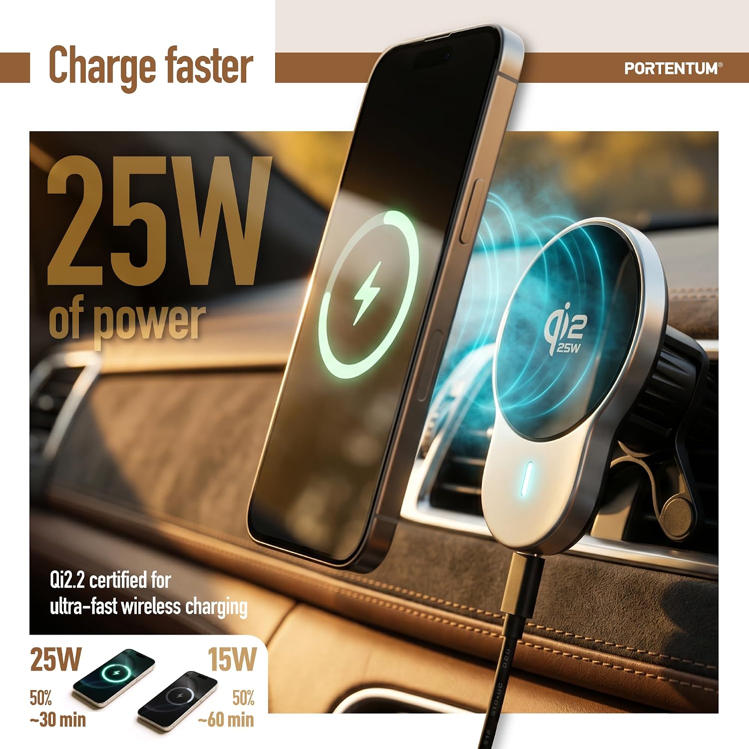 Thumbnail 1 de PORTENTUM Qi2.2 25W magnetic car phone holder with active cooling