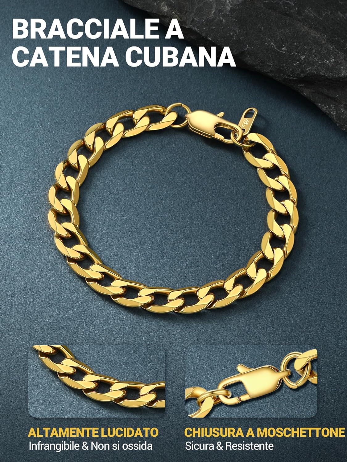 Thumbnail 3 de PROSTEEL Bracciale uomo cubano in acciaio inox 316L, catena tridimensionale (larghezze 6/9/13 mm) con confezione regalo