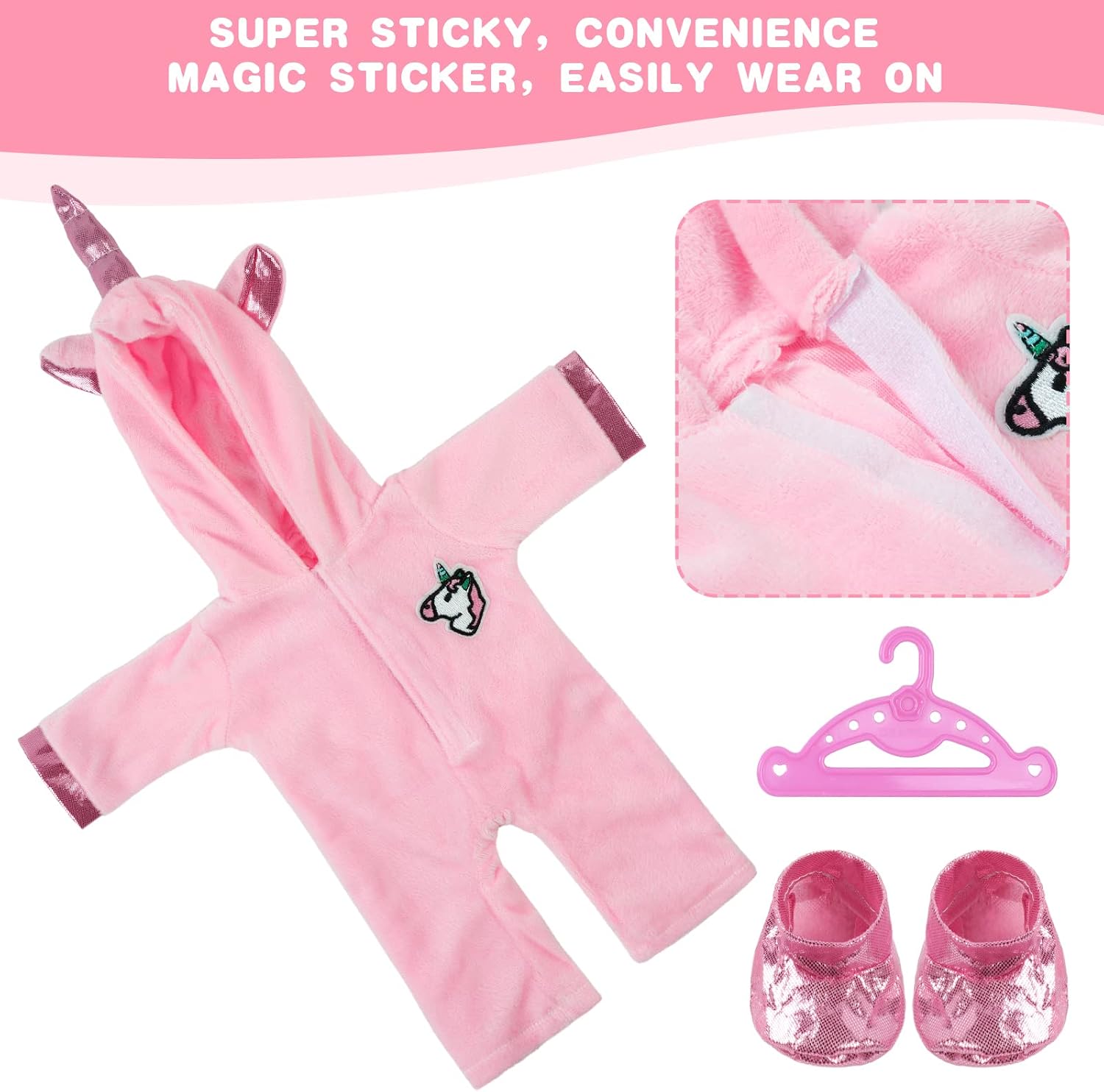Thumbnail 4 de Aolso Dress per Bambole 35-45 cm con Pagliaccetto, Cappello, Calzini e Gruccia: set completo unicorn rosa