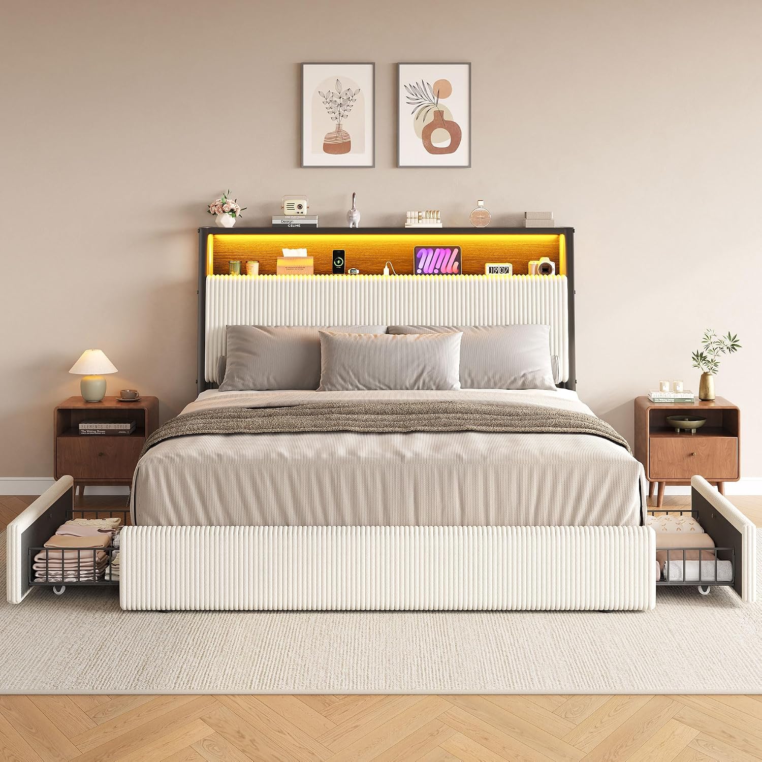 Detalle de Full LED Bed Frame with Corduroy Upholstery