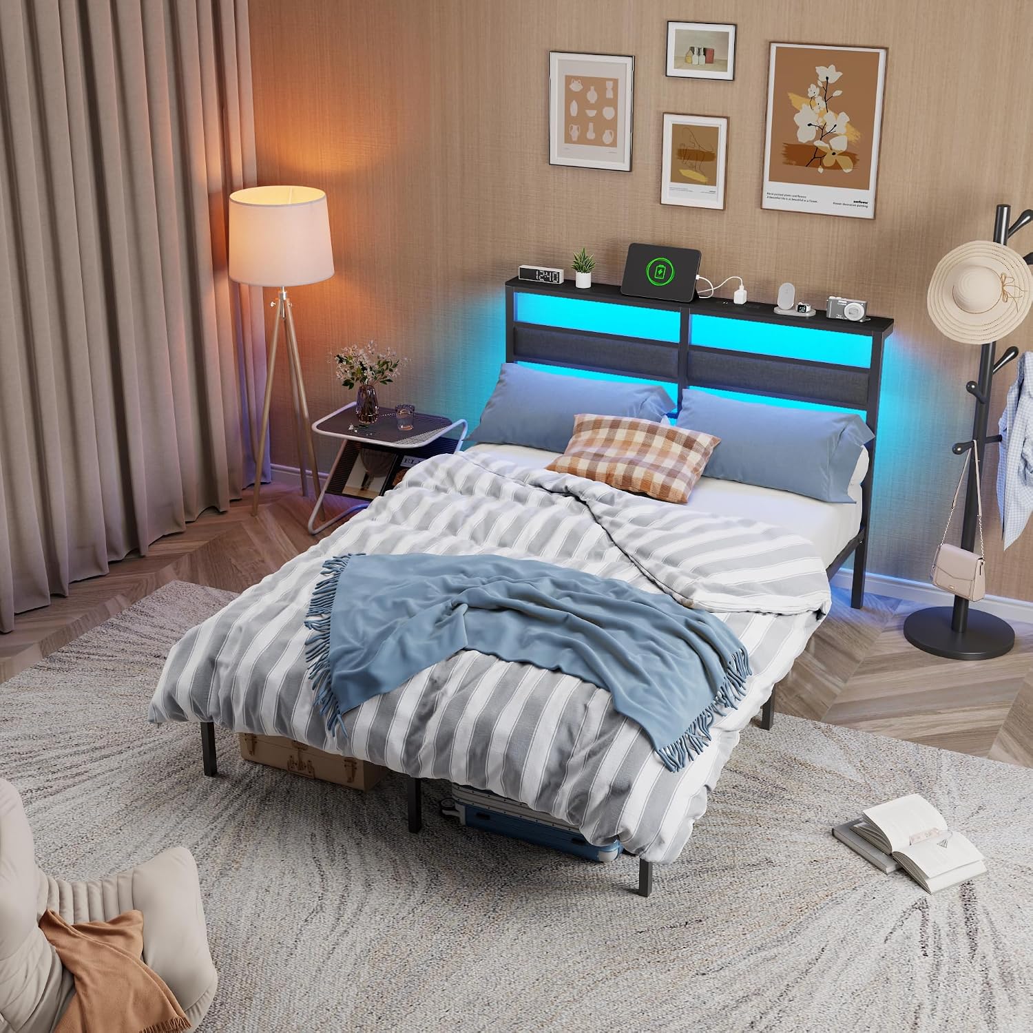 Thumbnail 3 de OURPIC BF019 Full Size Platform Bed Frame with RGB LEDs, Charging & Storage