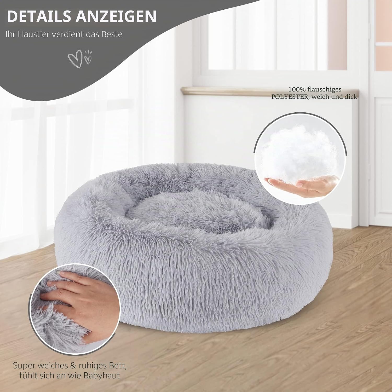 Detalle 2 de BVAGSS Rundes Hundebett/Katzenbett Donut – Flauschig, Waschbar, 50 cm Durchmesser, Hellgrau