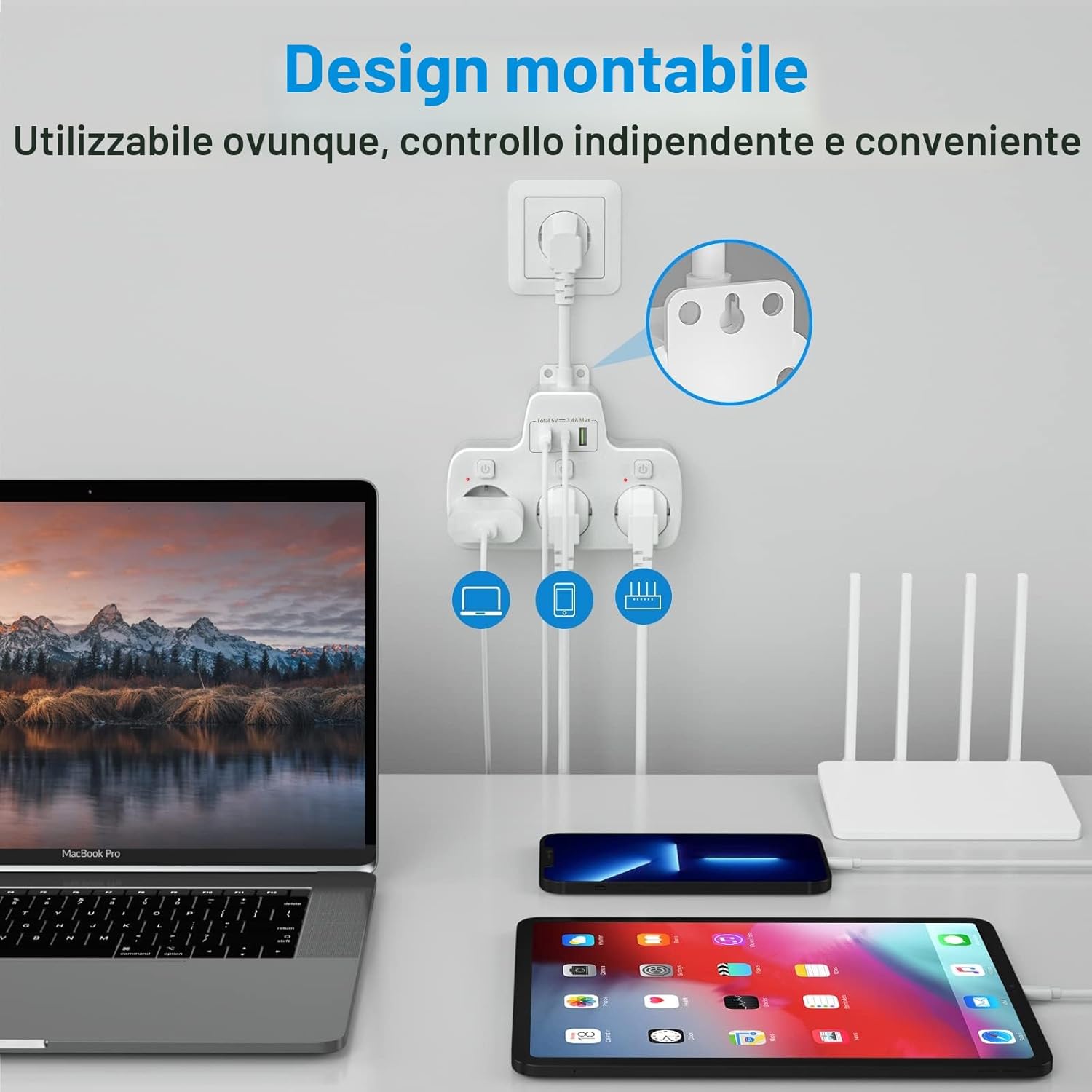 Detalle 2 de Ciabatta Multipresa USB-C con tre prese, interruttori indipendenti e ricarica intelligente