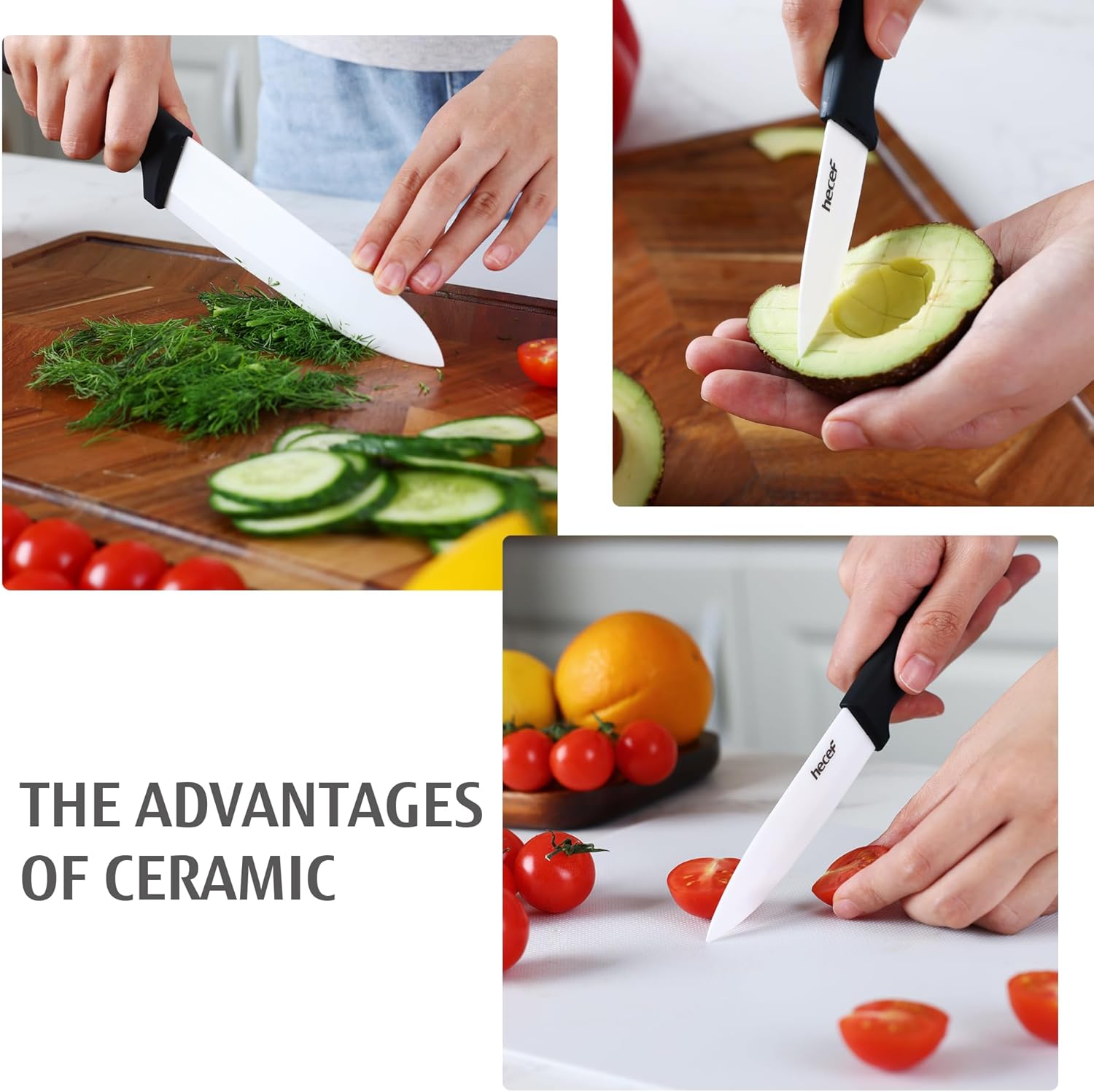 Thumbnail 4 de Set de couteaux en céramique hecef (3 pièces) : couteau de chef 30 cm, couteau à fruits 4" et couteau d’office 3" – blanc