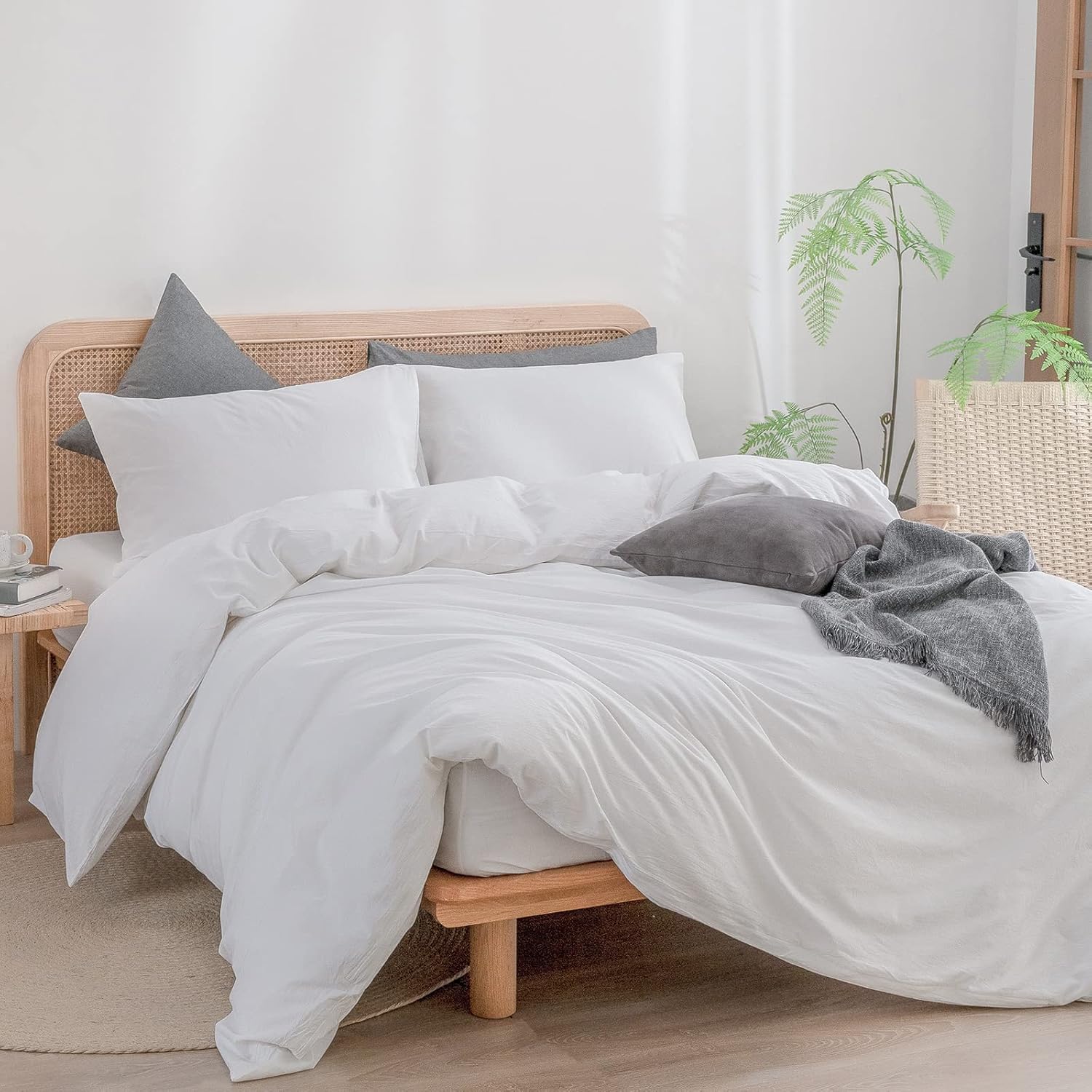 Detalle de BESTOUCH Cotton Solid Duvet Cover Set Linen Feel Bright White, Super King (3 pieces)