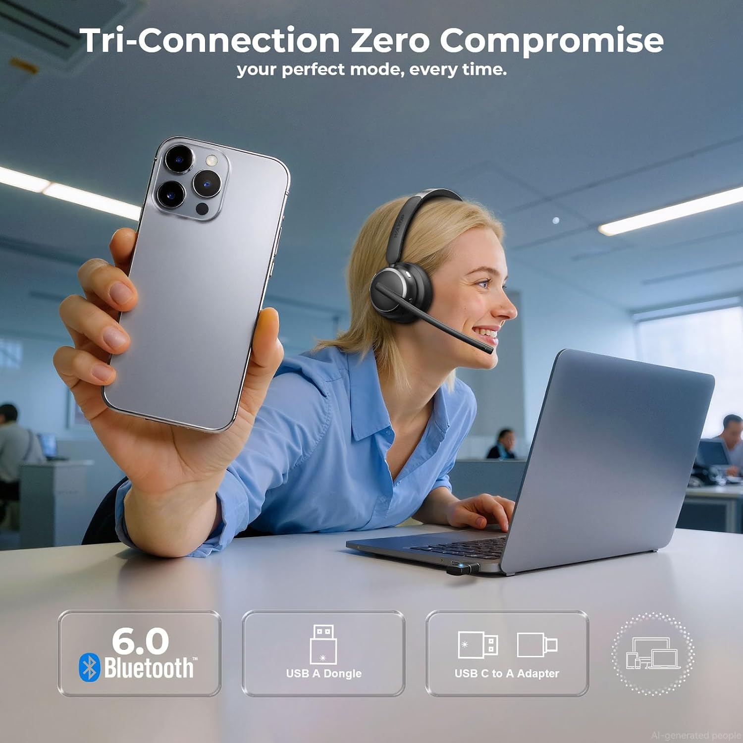 Detalle de Wireless Headset with Mic for Work: Bluetooth 6.0, AI Noise Cancelling Mic, 65-Hour Battery
