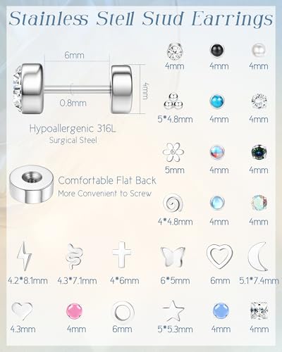 Thumbnail 2 de LOLIAS 24-Pair Flat Back Earrings Set, Stainless Steel Screw-Back Studs
