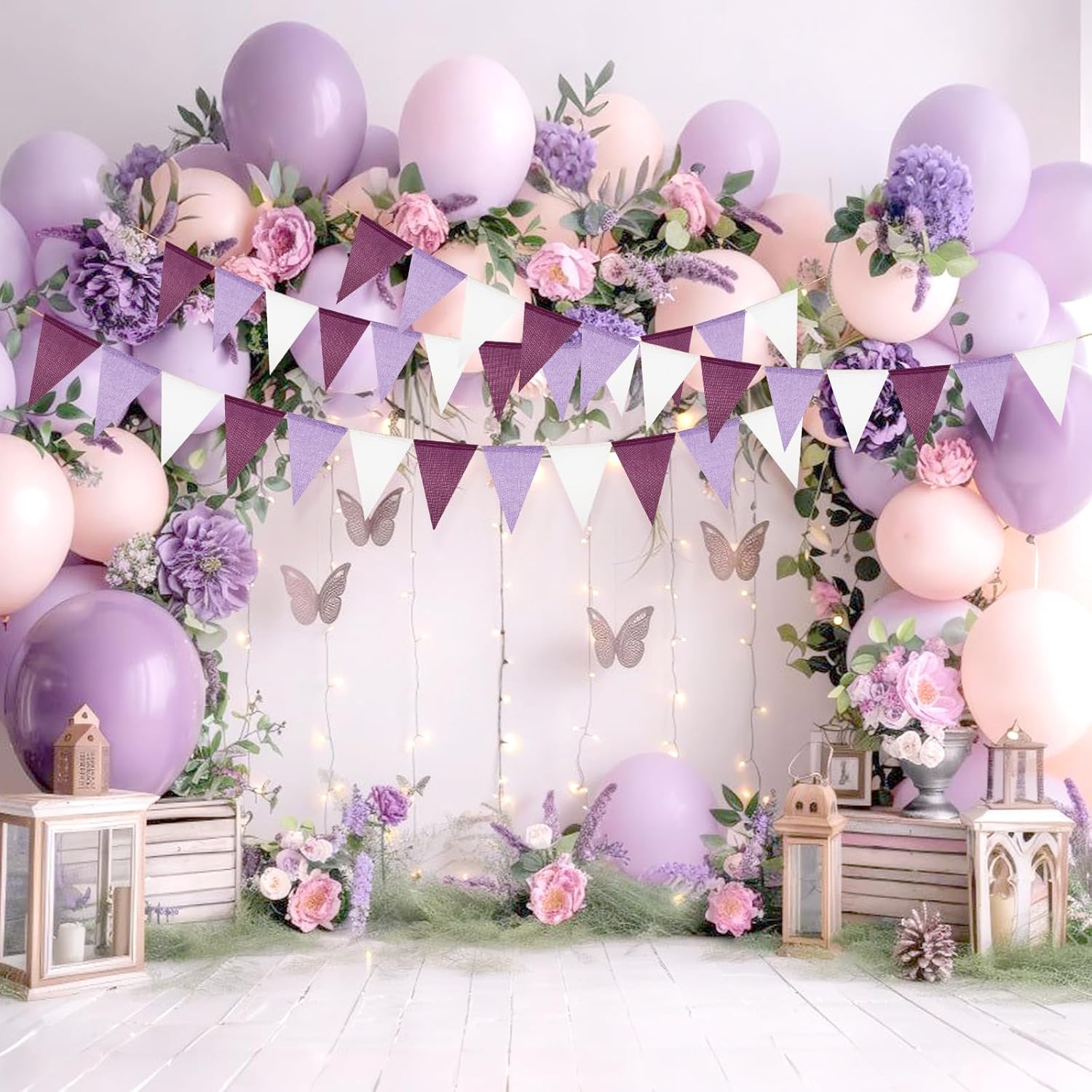 Thumbnail 6 de G2PLUS Purple White Burlap Triangle Bunting (60 pieces) – Reusable waterproof hessian party flags, 20m for weddings, baby showers & garden décor