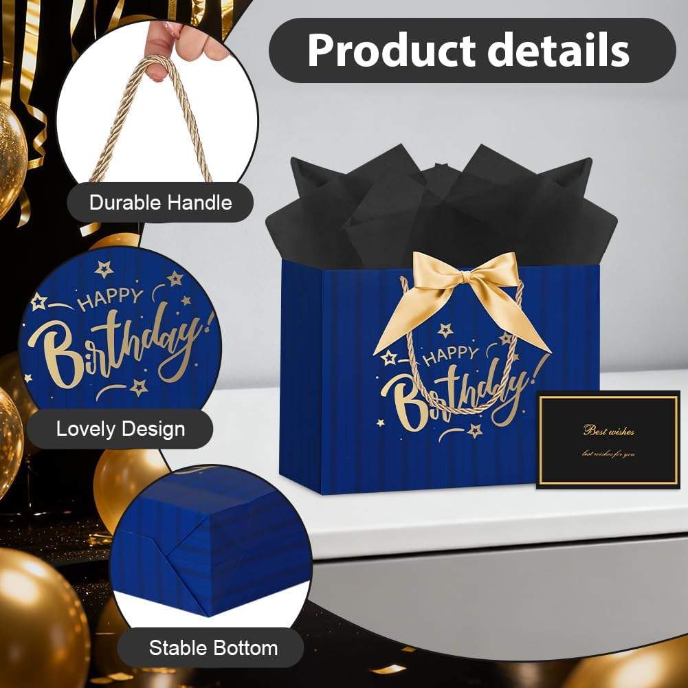 Detalle de AOOSU Geschenktüte Geburtstag – Blau, inklusive Schleife, Grußkarte & Seidenpapier (28×20×10 cm)