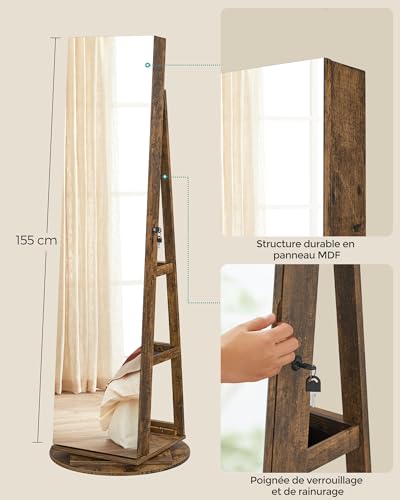 Thumbnail 8 de SONGMICS Armoire à Bijoux avec Miroir sur Pieds - Verrouillable, 6 LED, Rangement Pivotant 360°, Miroir Psyché sans Cadre, JJC007X01