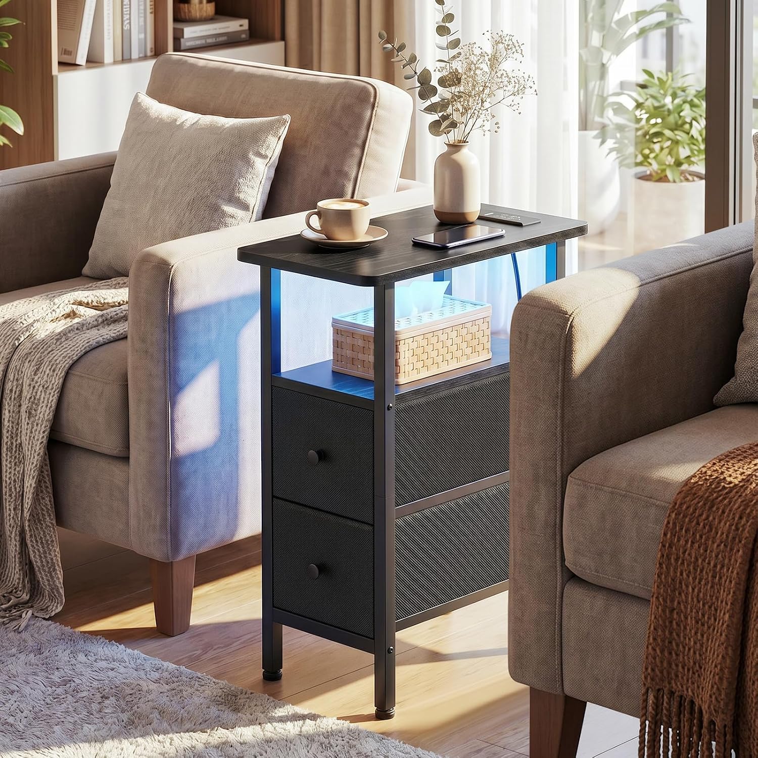 Detalle de LOAKEKEL HETNDP02L Narrow End Table with Charging Station, LED Light and Drawers