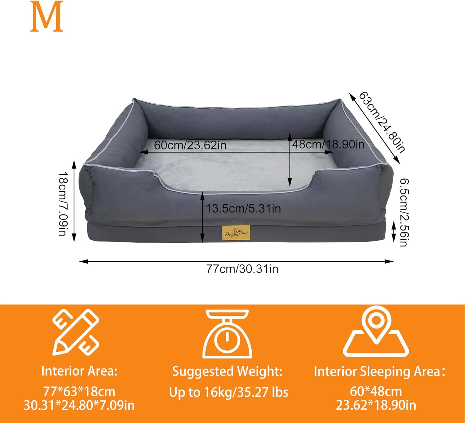 Thumbnail 6 de BingoPaw Orthopedic Dog Beds Medium: Sofa-Style Bed with Bolsters (77x63x18 cm) in Grey