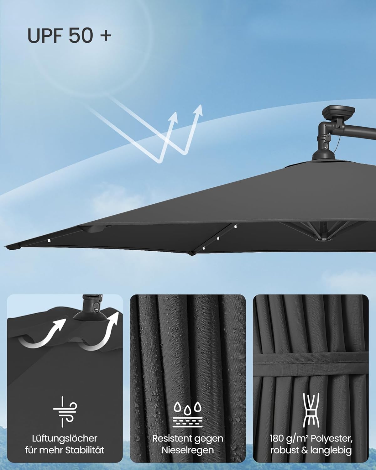 Detalle 2 de SONGMICS Ampelschirm mit LED-Solar-Beleuchtung, 300 cm Durchmesser, Grau – GPU118G01