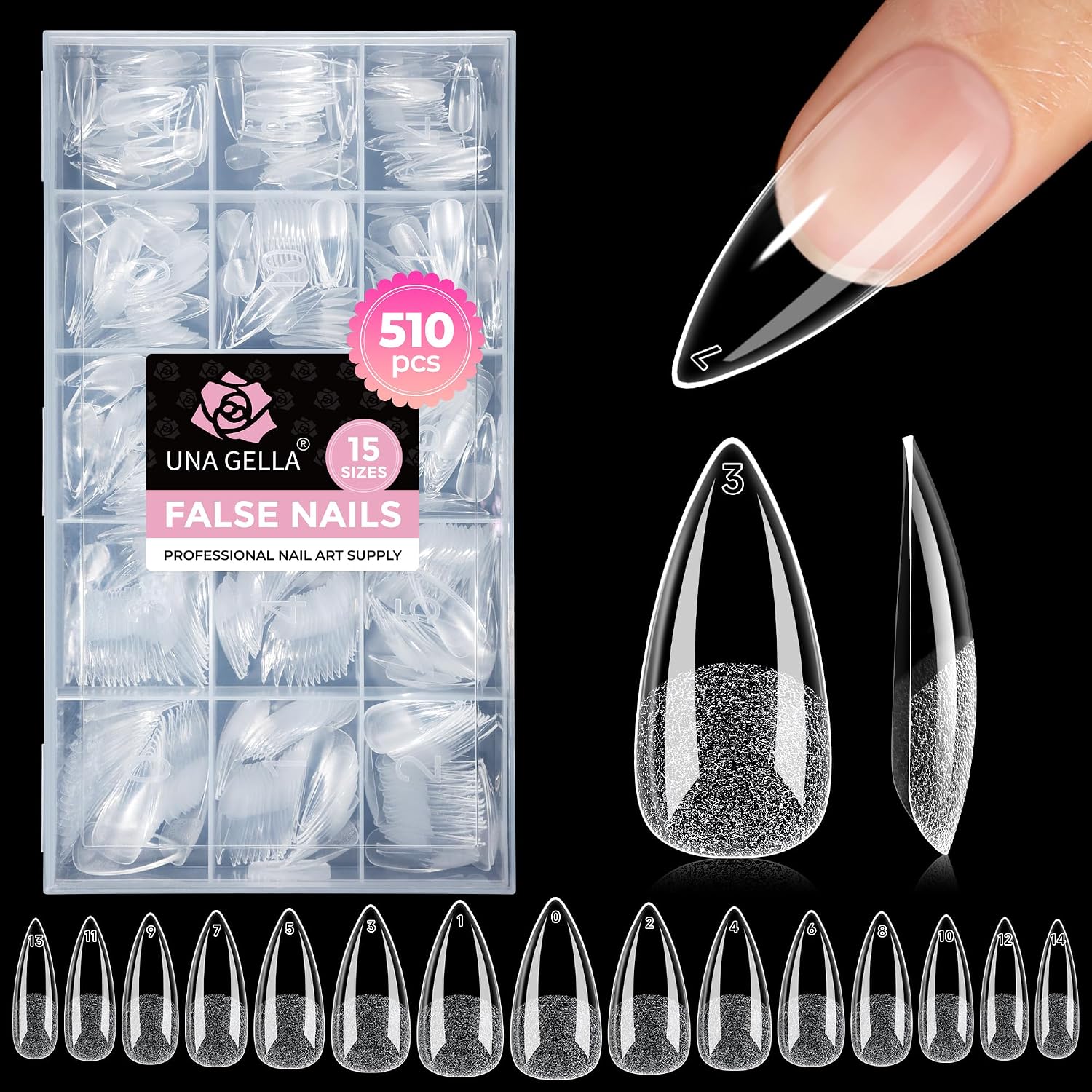 Detalle de UNA GELLA UG-A559 Medium Stiletto Gel Nail Tips, 510 Pieces, 15 Sizes, Pre-Etched