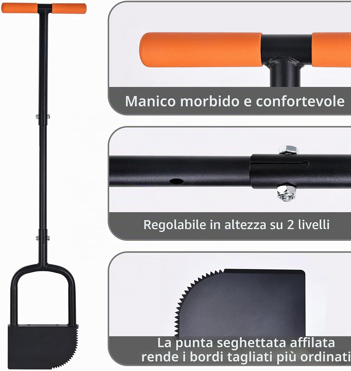 Detalle de BARAYSTUS Tagliabordi a denti di sega per prato: tagliabordi a mezzaluna con manico lungo, lama dentata e impugnatura a T