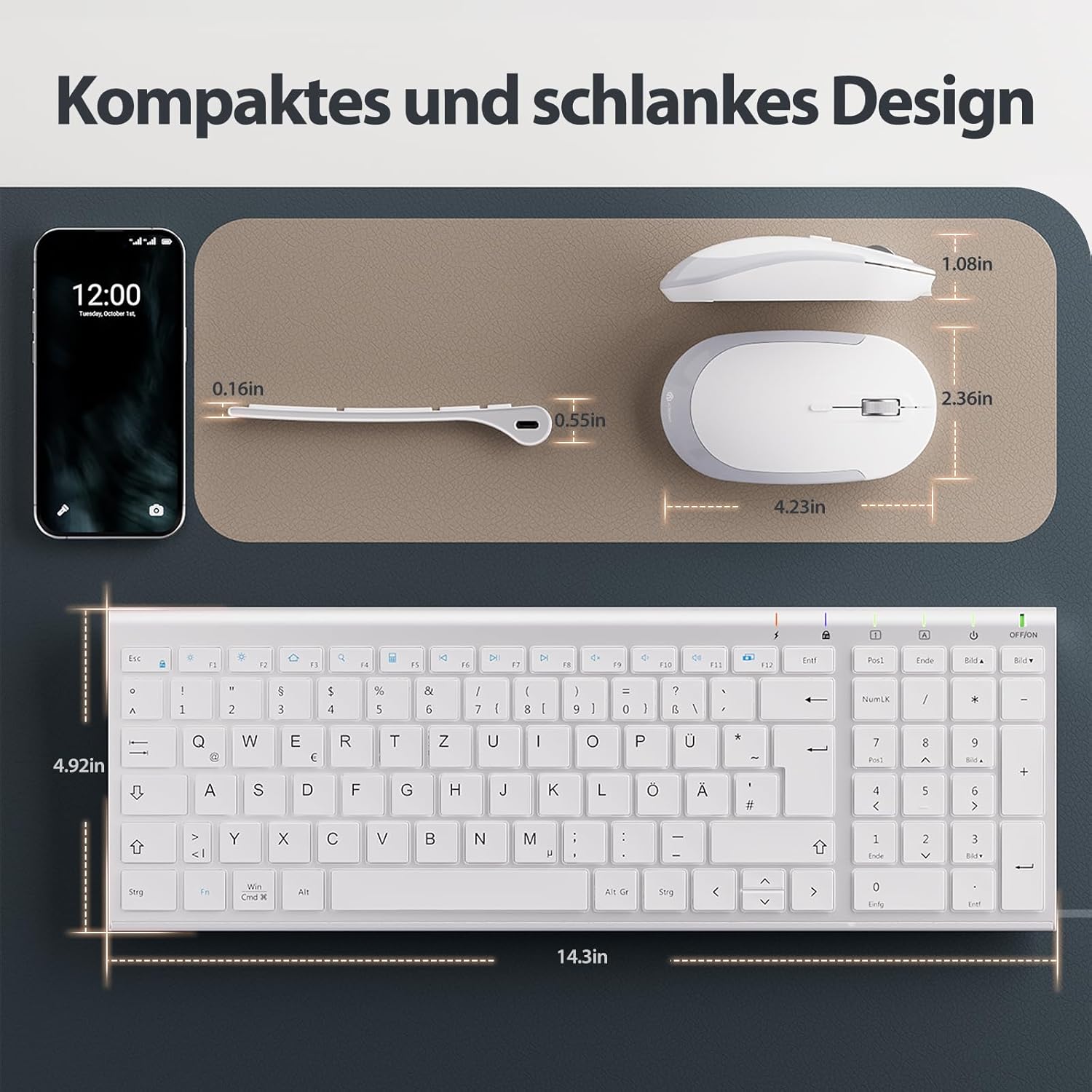 Thumbnail 6 de iClever Tastatur Maus Set Kabellos – Ultrakompakt, wiederaufladbar, QWERTZ Weiß