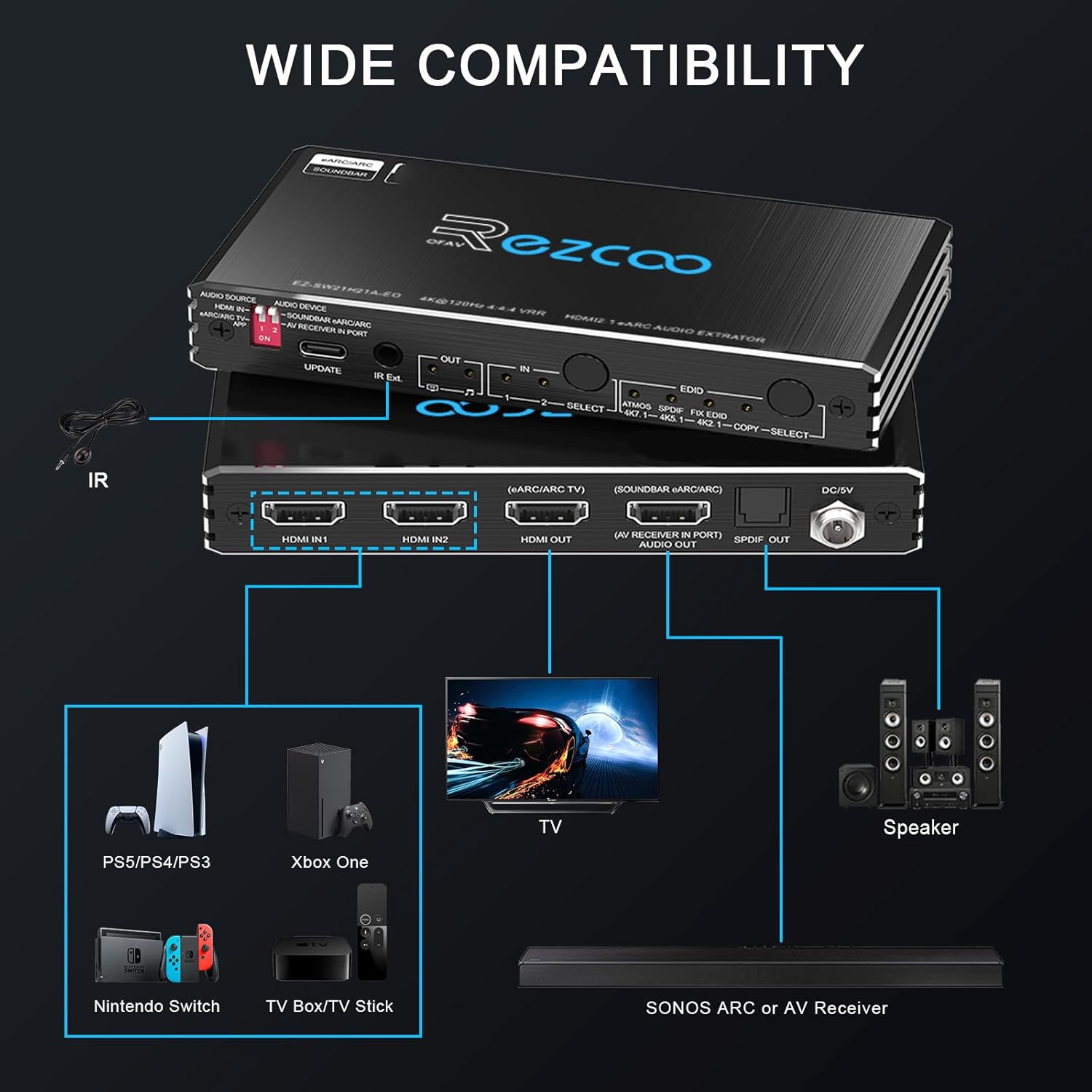 Thumbnail 6 de Extracteur audio HDMI 2.1 eARC 8K@60Hz / 4K@120Hz 2x1 avec switch vidéo et ARC/eARC (7.1/5.1) – EDID, VRR/ALLM