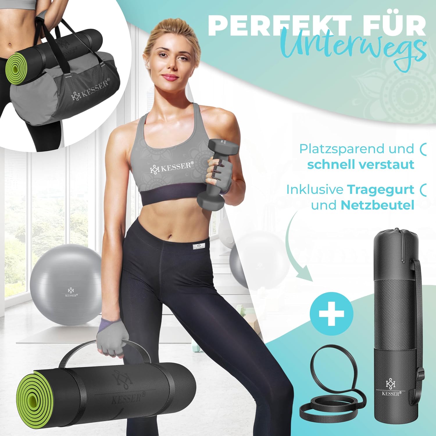 Thumbnail 3 de KESSER® Gymnastikmatte mit Tragegurt – rutschfeste TPE Fitness-/Yogamatte, 183 x 61 cm