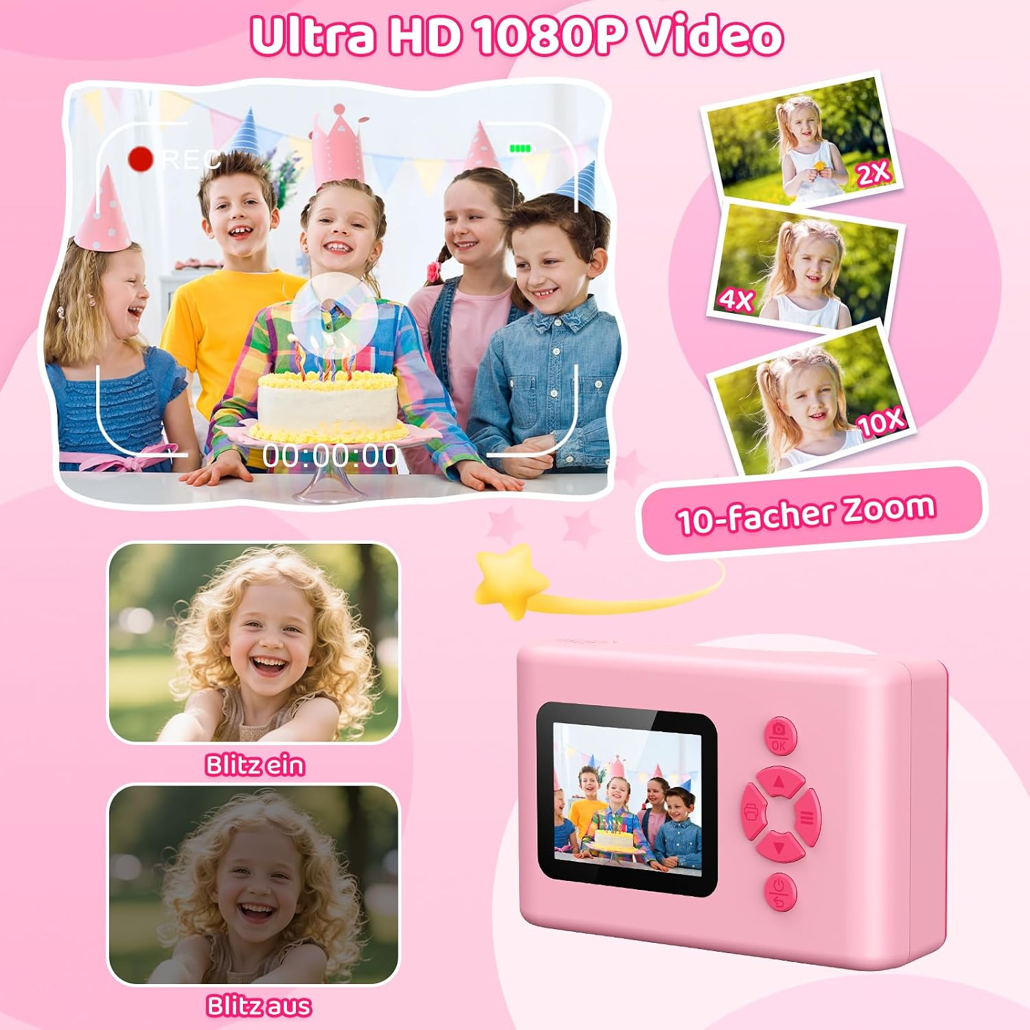 Detalle de uleway Kinder-Sofortbildkamera mit 2,4" Bildschirm, 32GB Karte & Sofortdruck (Rosa)