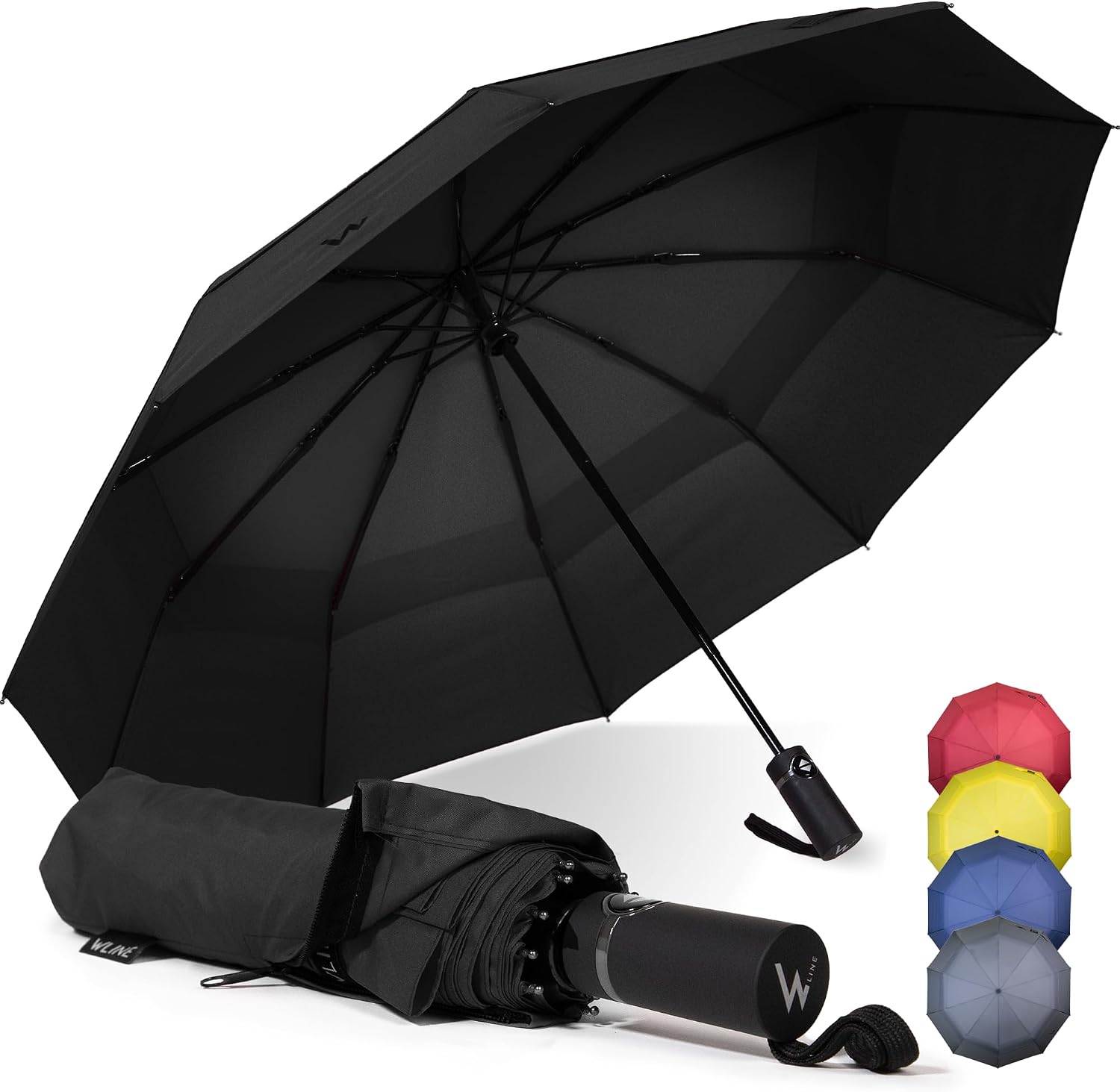 Detalle de WLine Wind Ombrello Pieghevole Antivento 210T – Diametro 104 cm, 10 Aste Rinforzate, Nero