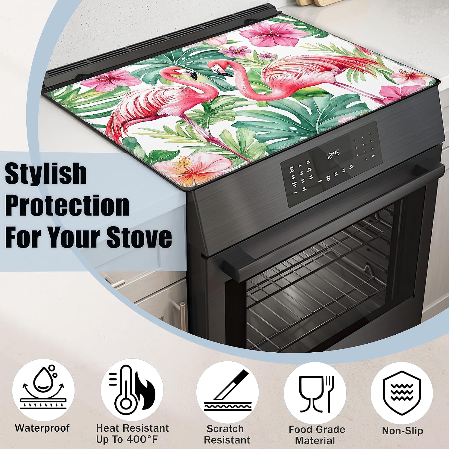 Detalle de YIKTI 28 x 20 Inch Red Flamingo Stove Top Cover for Electric Stoves