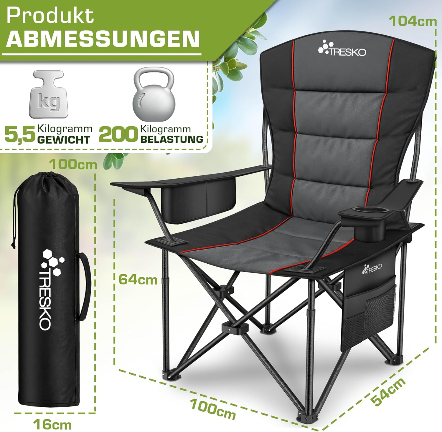 Thumbnail 1 de TRESKO Campingstuhl faltbar bis 200 kg mit Kühlfach, Getränkehalter & Seitentasche (XXL)