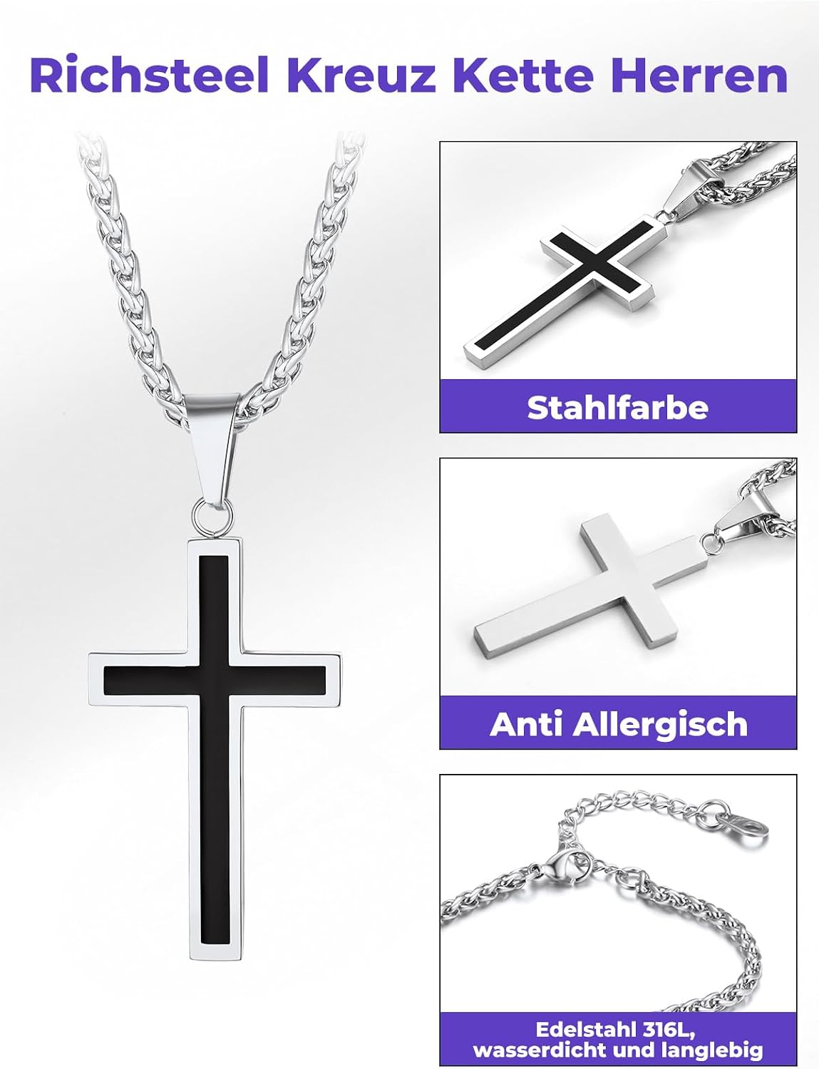 Detalle de Richsteel Kreuz Kette Halskette Herren – verstellbare Edelstahl-Kreuzkette (50+5 cm) Silber/Gold/Schwarz