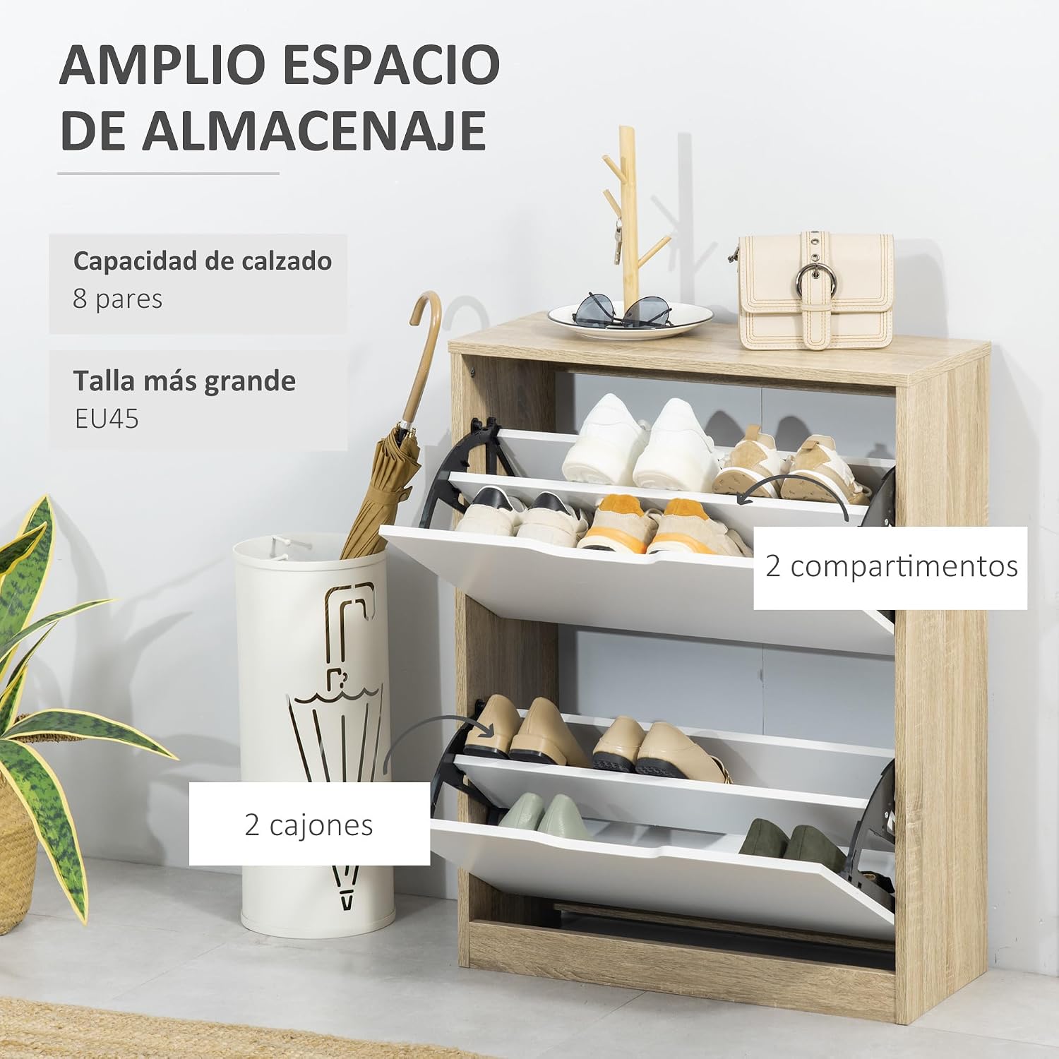 Detalle 2 de HOMCOM Zapatero Estrecho 8 pares Roble