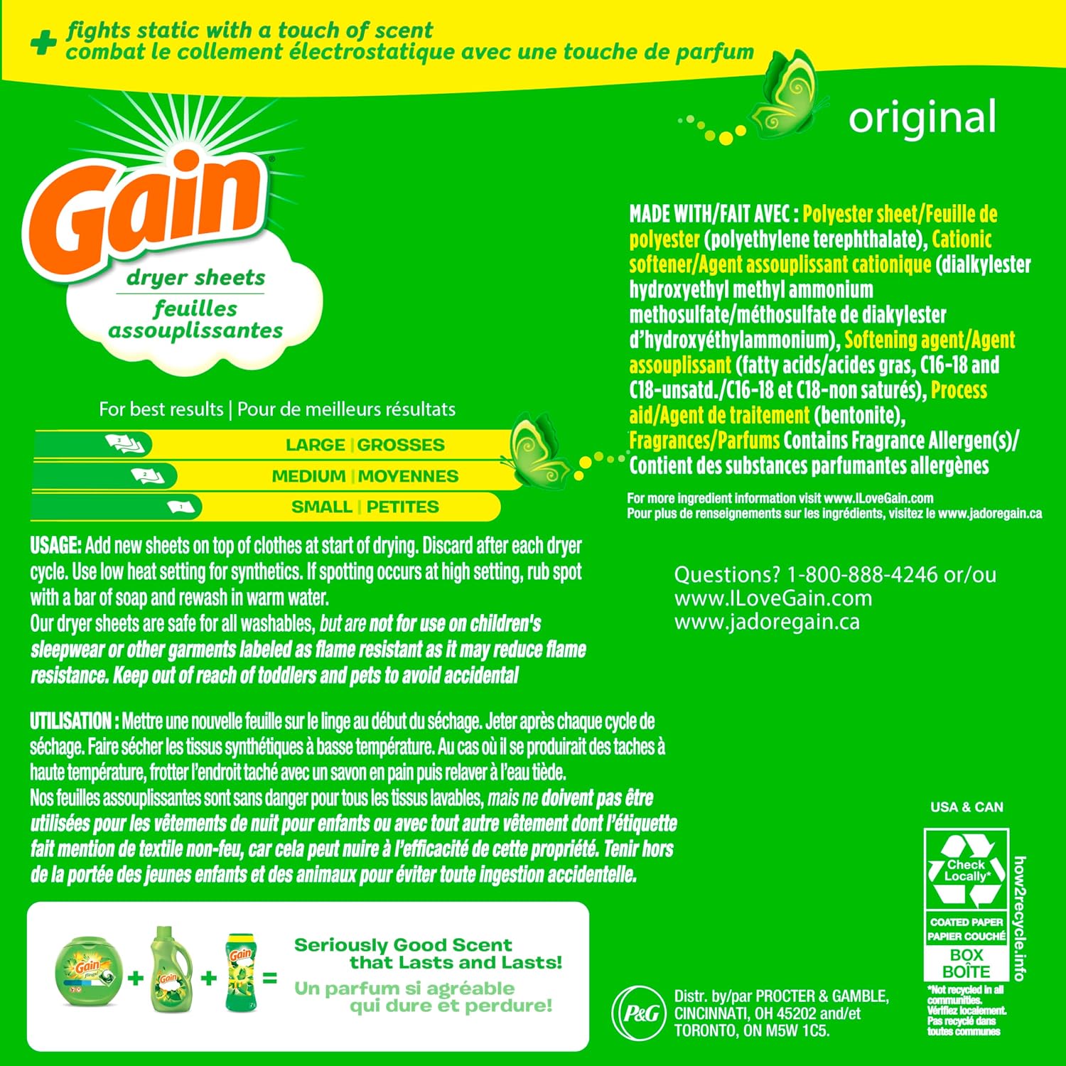 Detalle de GAIN Dryer Sheets, Original Scent, 200 Count for Softness and Static Reduction