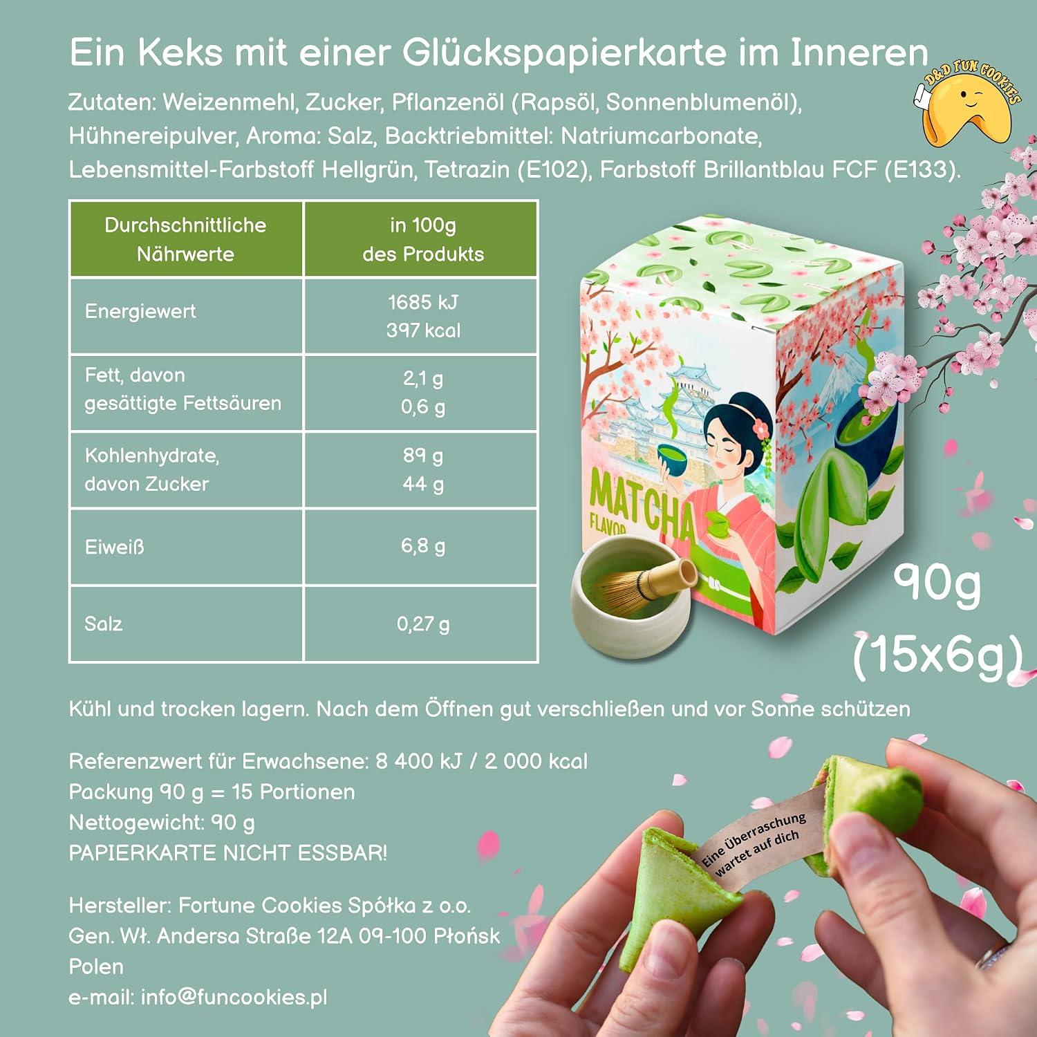 Detalle de Glückskekse Einzeln Verpackt – Matcha Fortune Cookies, 15 Stück (Deutsch & Englisch Sprüche)