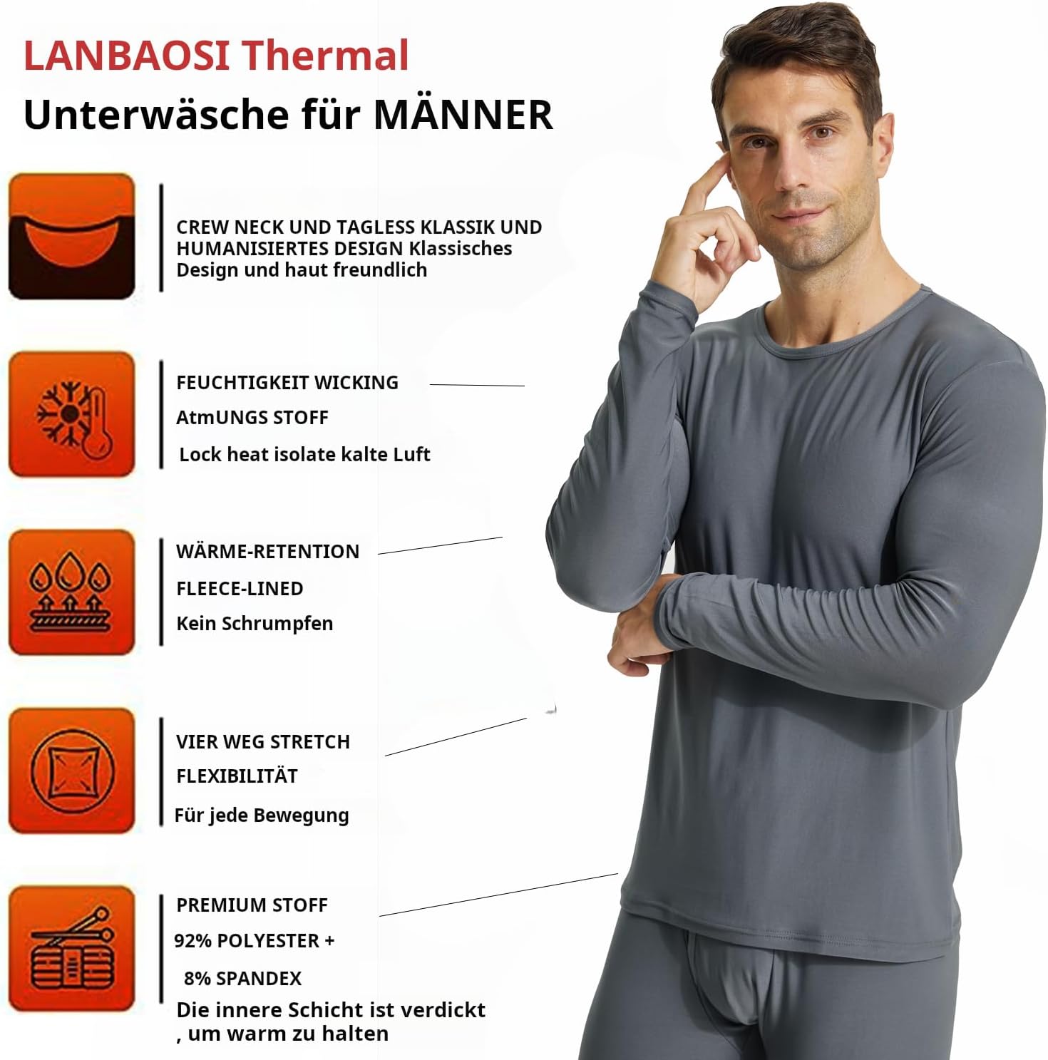 Thumbnail 4 de BEGIANT Thermounterwäsche Set für Herren mit Fleece-Futter – langarm & lange Unterhose, Baselayer für Winter