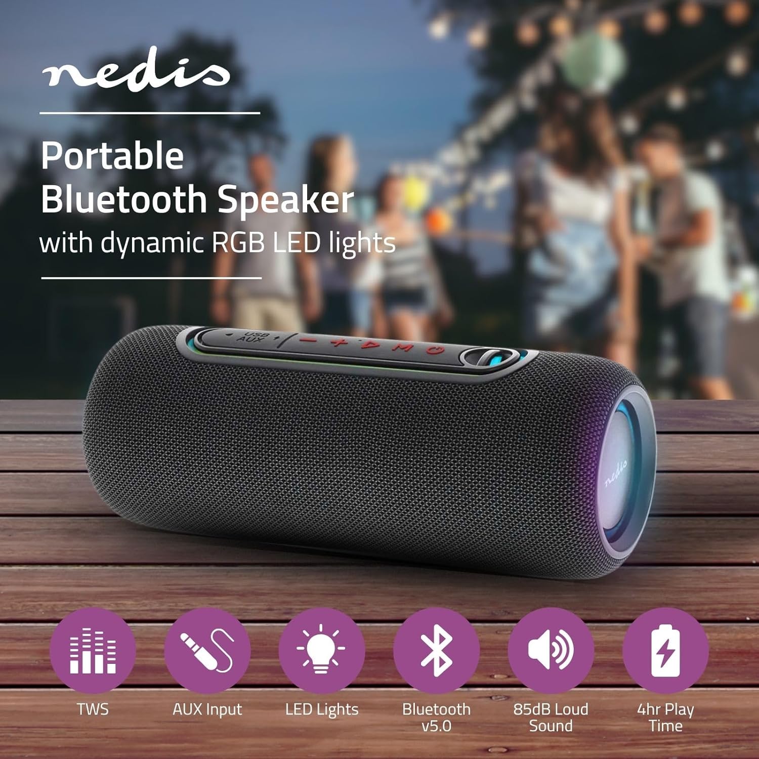 Thumbnail 1 de Nedis Bluetooth-Lautsprecher X5 – 30 W, 4 Std Akku, RGB, Mikrofon, Schwarz