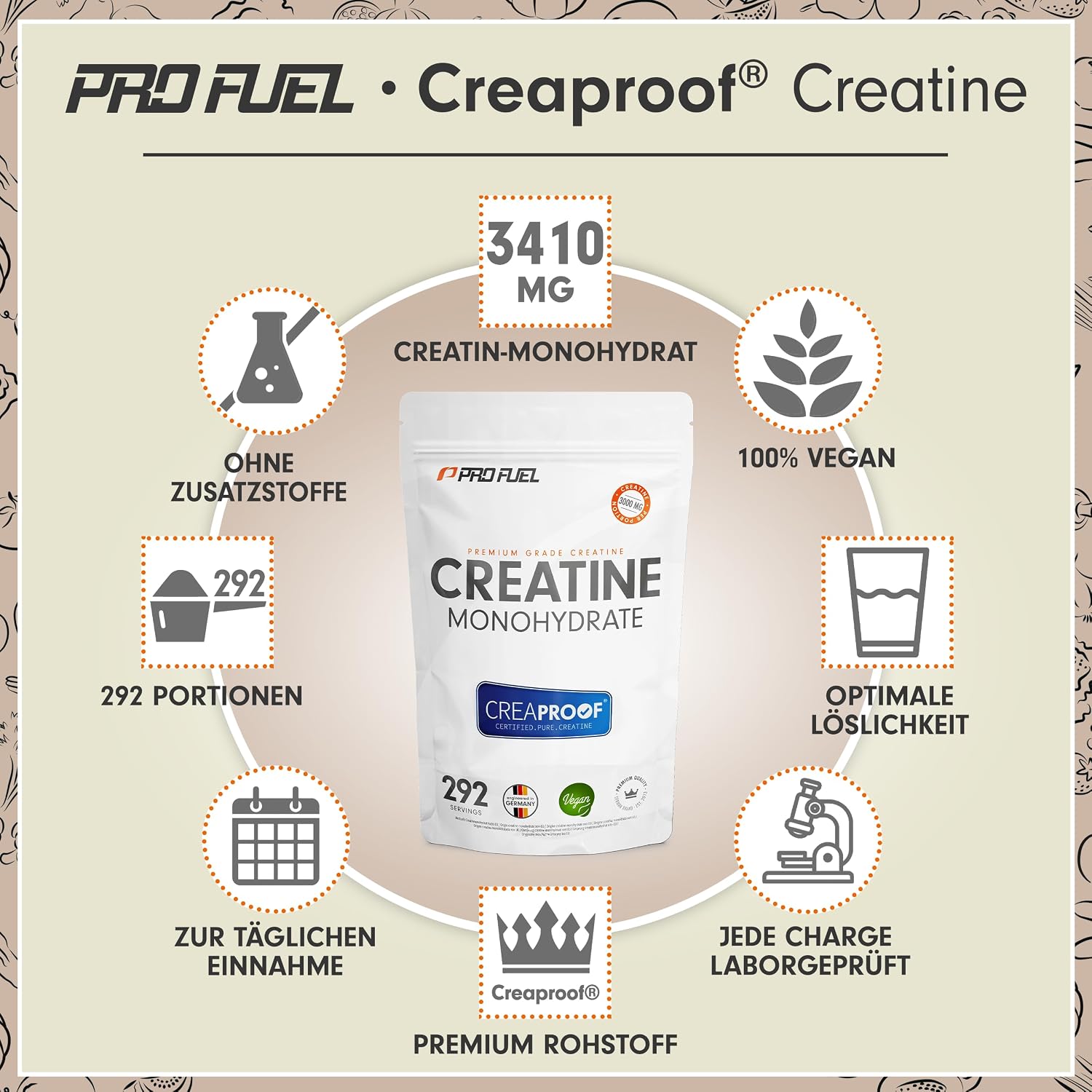 Detalle 2 de CREAPROOF® Creatin Monohydrat 1000 g – 3 g Creatin pro Portion, vegan, Laboranalysen pro Charge