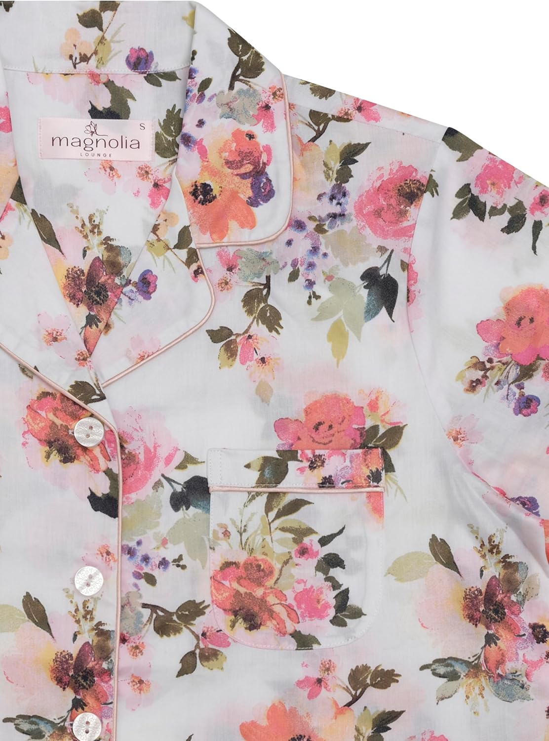 Detalle de Magnolia Lounge Pyjama Damen – Schlafanzug Lang mit Kurzarm-Top & Langer Hose aus 100% Baumwolle-Satin