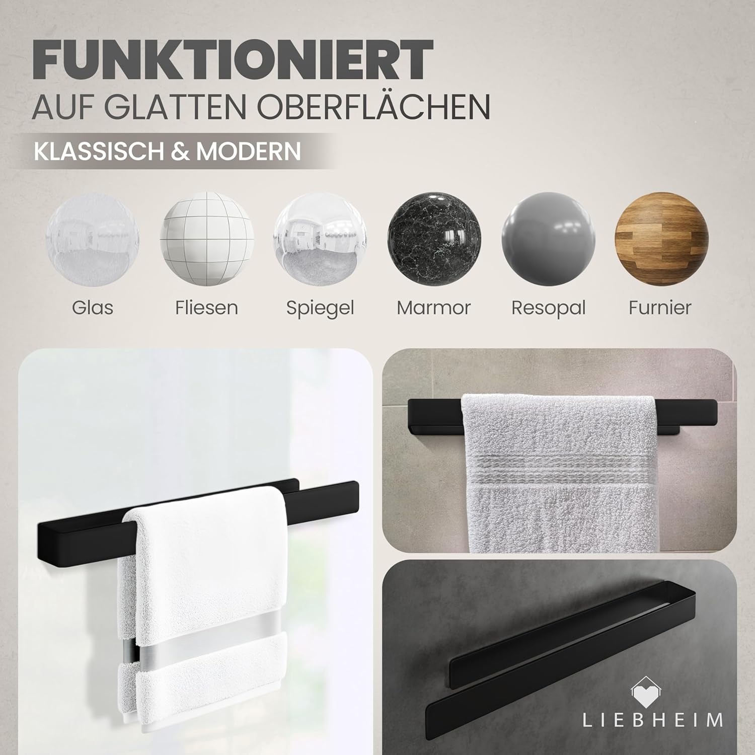 Thumbnail 5 de LIEBHEIM Handtuchhalter ohne Bohren, schwarz – Handtuchstange aus Aluminium, 40 cm