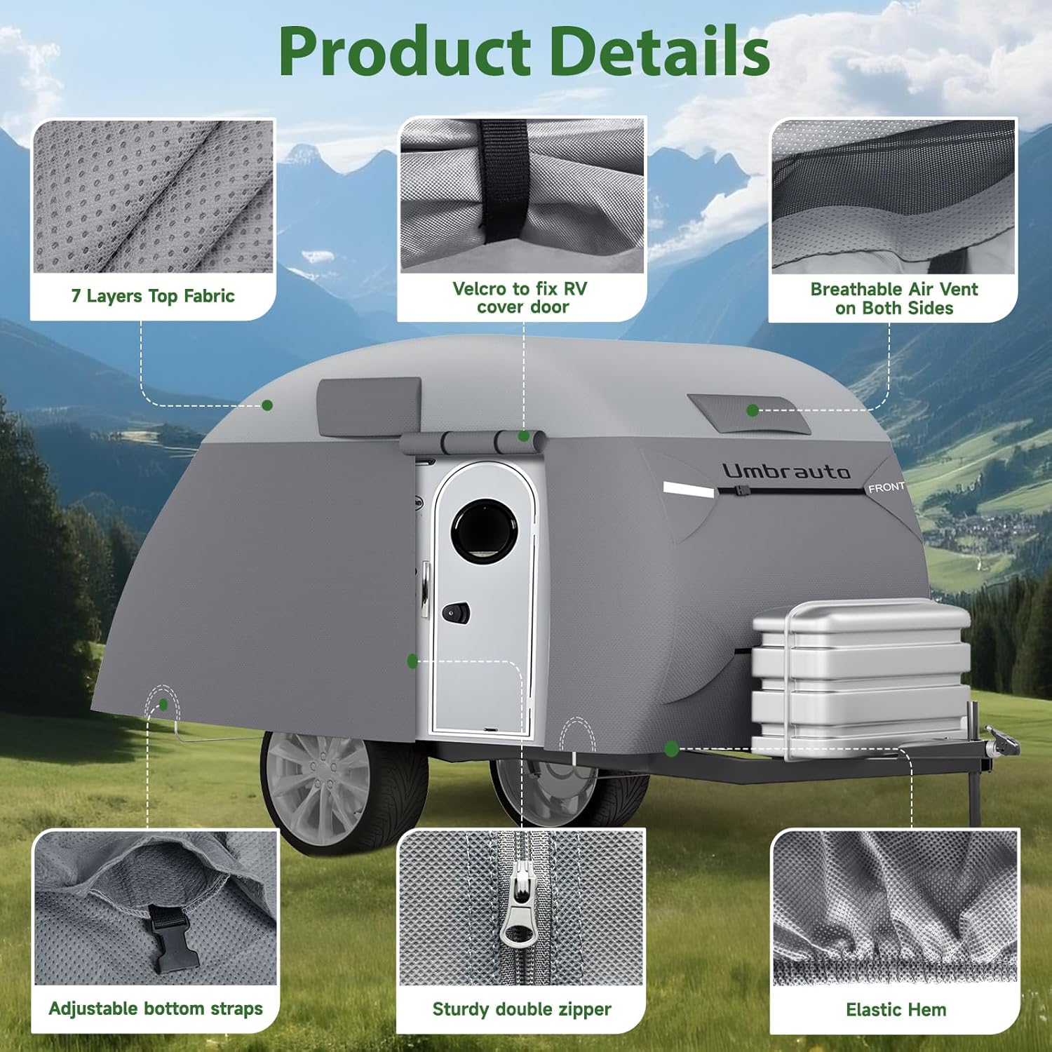 Thumbnail 5 de Teardrop Trailer Cover for 12'-15' RVs (150" L x 75" W x 75" H) — 7-Ply Top, Waterproof, Windproof with Vents