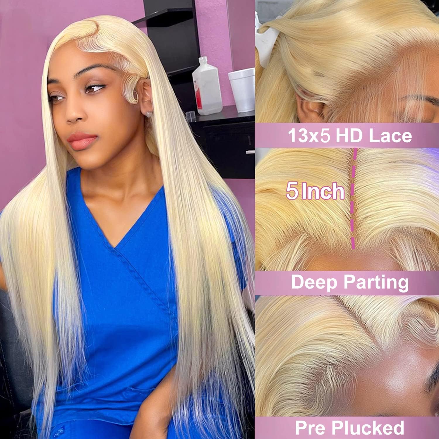 Detalle de Myecool 30 Inch 613 Lace Front Wig – 13x5 HD Blonde Brazilian Human Hair
