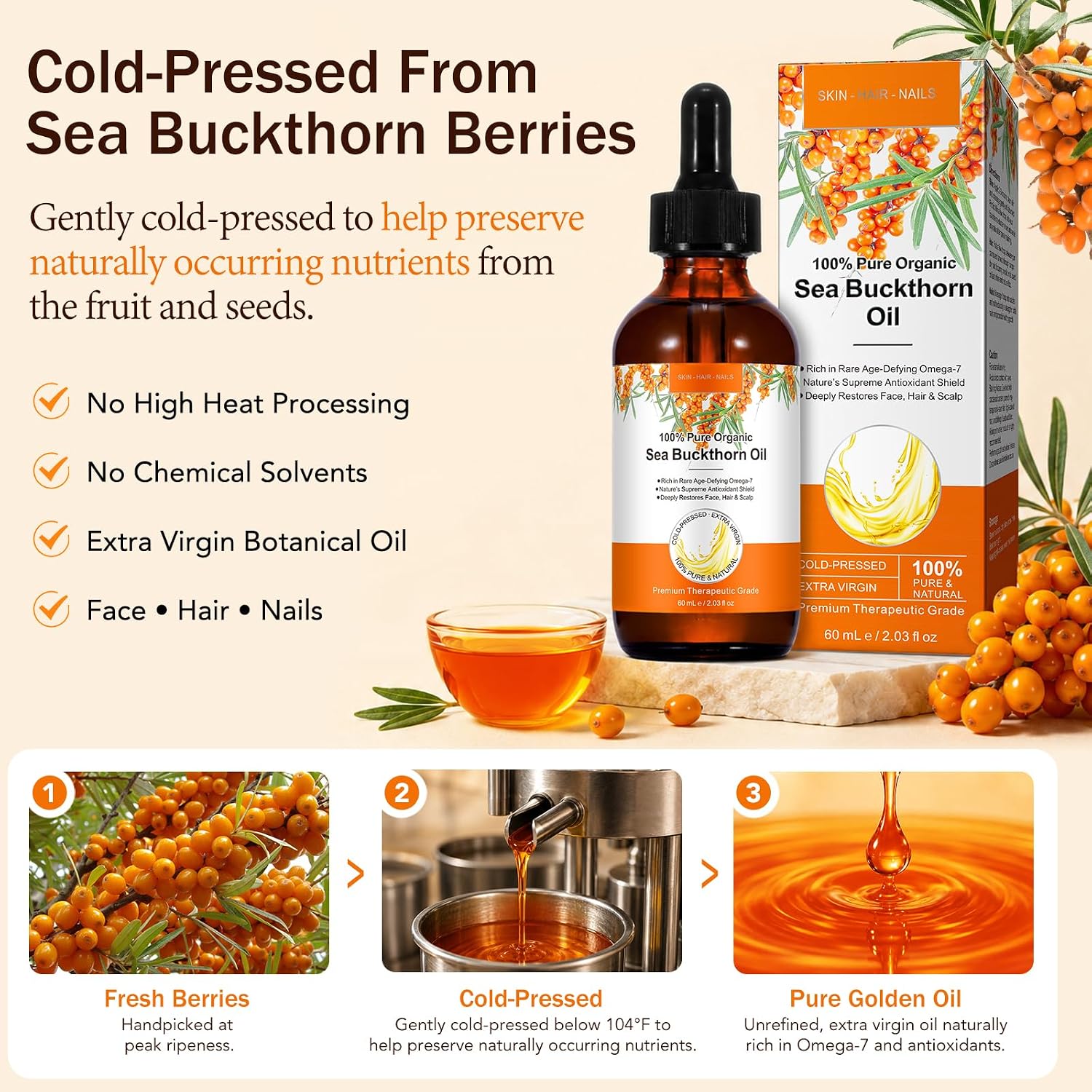 Detalle 2 de timlasa Sea Buckthorn Oil, 100% Pure Cold-Pressed Unrefined, 60 mL