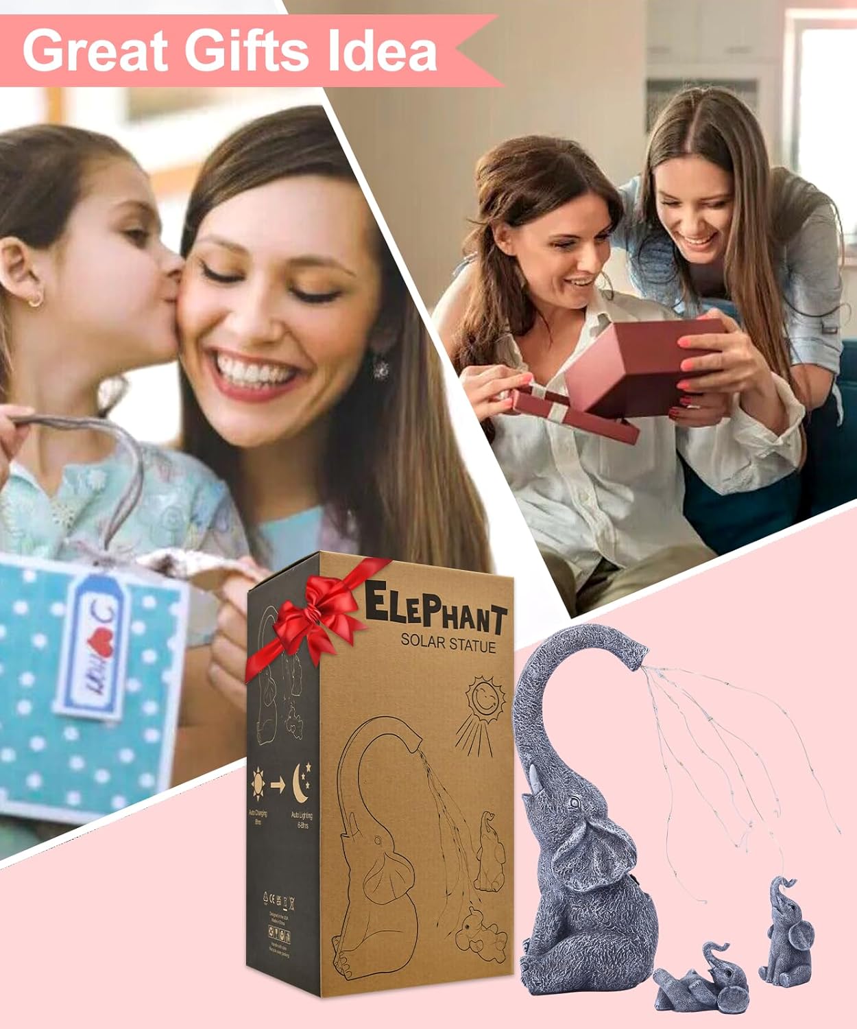 Thumbnail 1 de Yeomoo Elefanten Deko Gartenfiguren mit Solar Lichterkette – Mutter mit 2 Babys