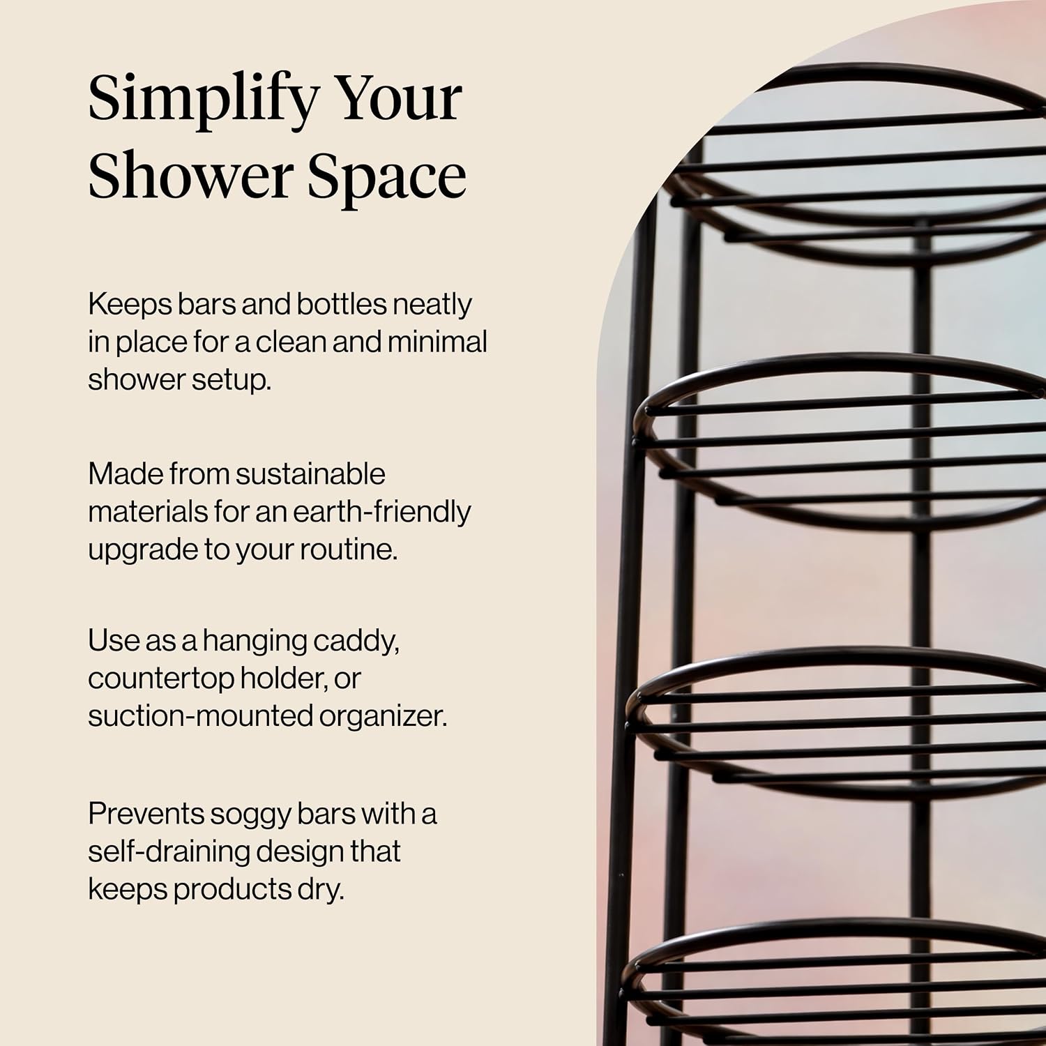 Detalle de Kitsch Hanging Shower Caddy with Suction Cup – self-draining bar soap holder for shampoo and conditioner bars