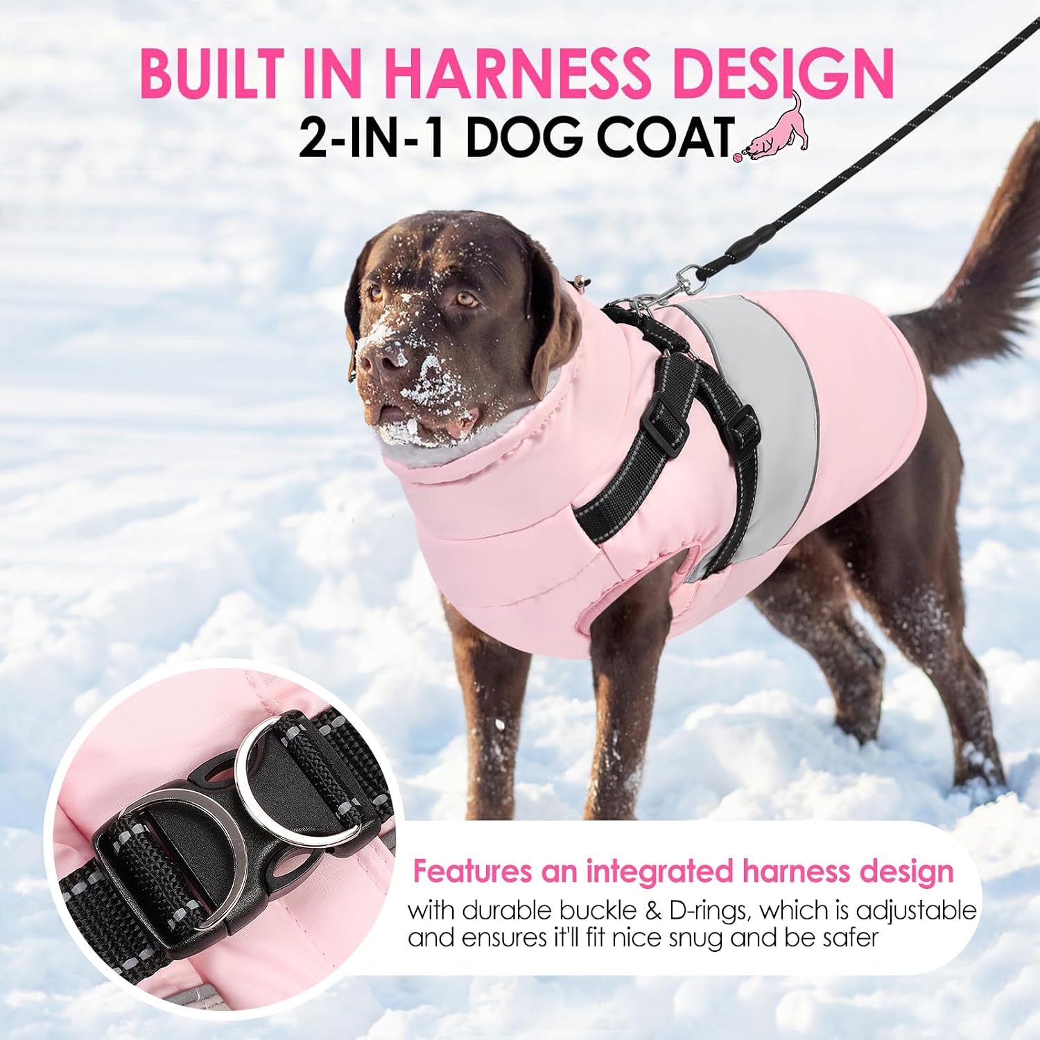 Detalle 2 de AOFITEE 1207-AF-768MF-Pink-L Large Waterproof Dog Coat with Harness