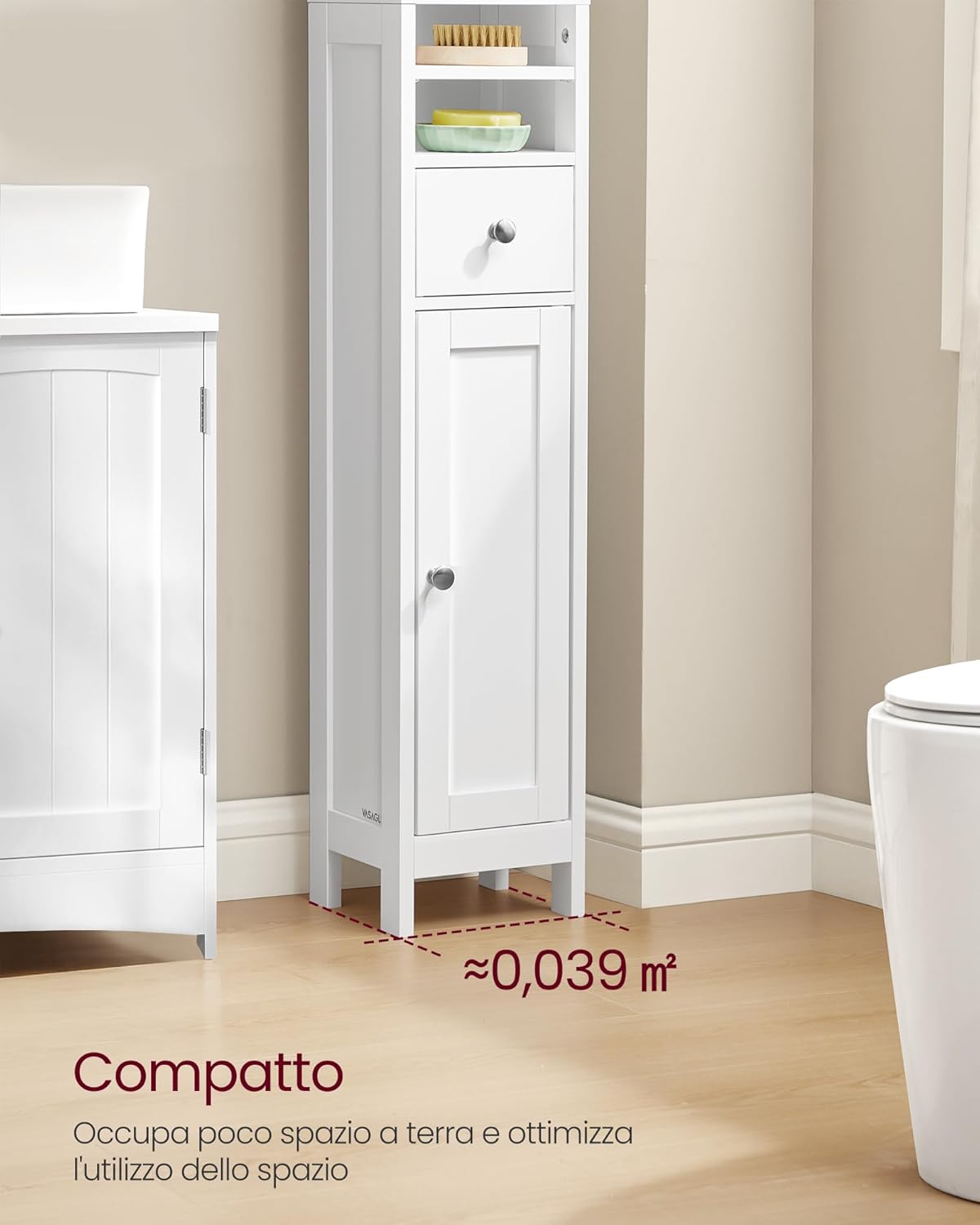 Detalle de VASAGLE Armadio da Bagno Alto BBC765W01, Bianco Nuvola – Compatto, con Ripiani Regolabili e Antiribaltamento