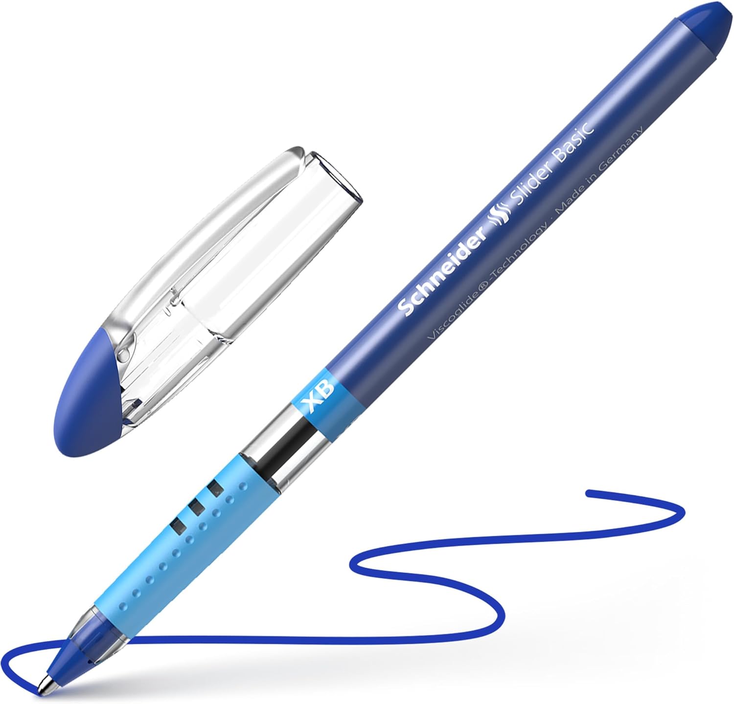 Detalle de Schneider 151203 Slider Basic Kugelschreiber – Blau, 10er Pack (Kappenmodell mit Soft-Grip-Zone, Strichstärke XB)