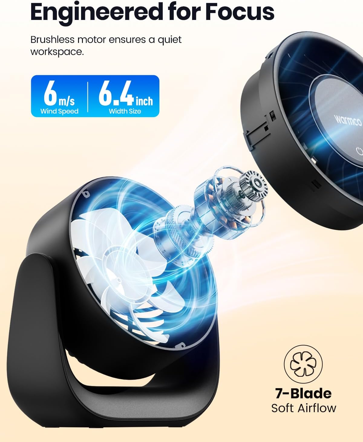 Detalle 2 de Warmco DS1 USB Desk Fan: 6.4 Inch Plug-In, 3 Speeds, USB-C/USB-A Power